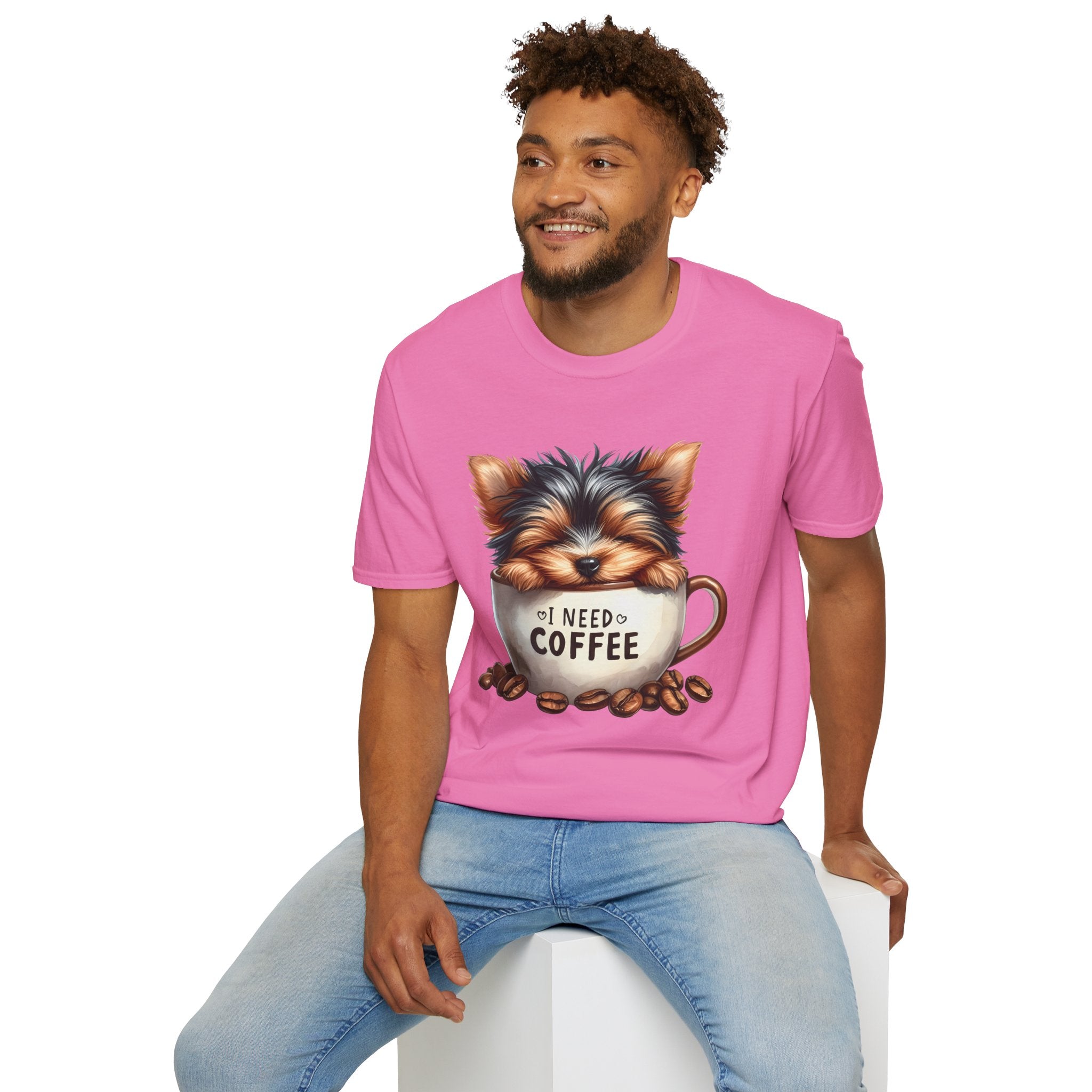 Cute Yorkie in Coffee Cup T-Shirt | I Need Coffee Puppy Graphic Tee