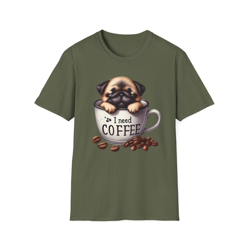Puppy in Coffee Cup I Need Coffee T-Shirt | Cute Pug Coffee Tee