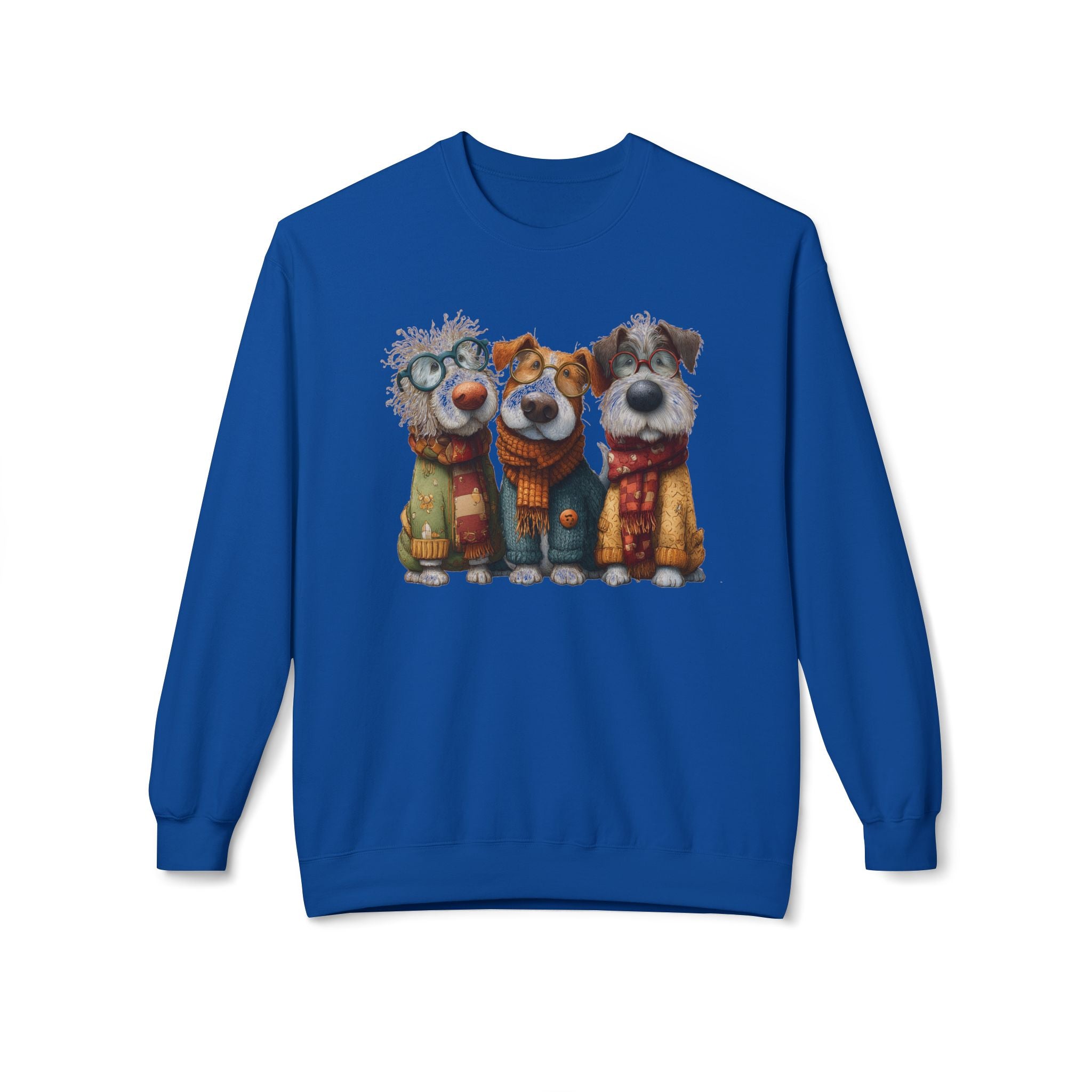 Three Cartoon Dogs in Scarves Sweatshirt | Cute Winter Pup Trio