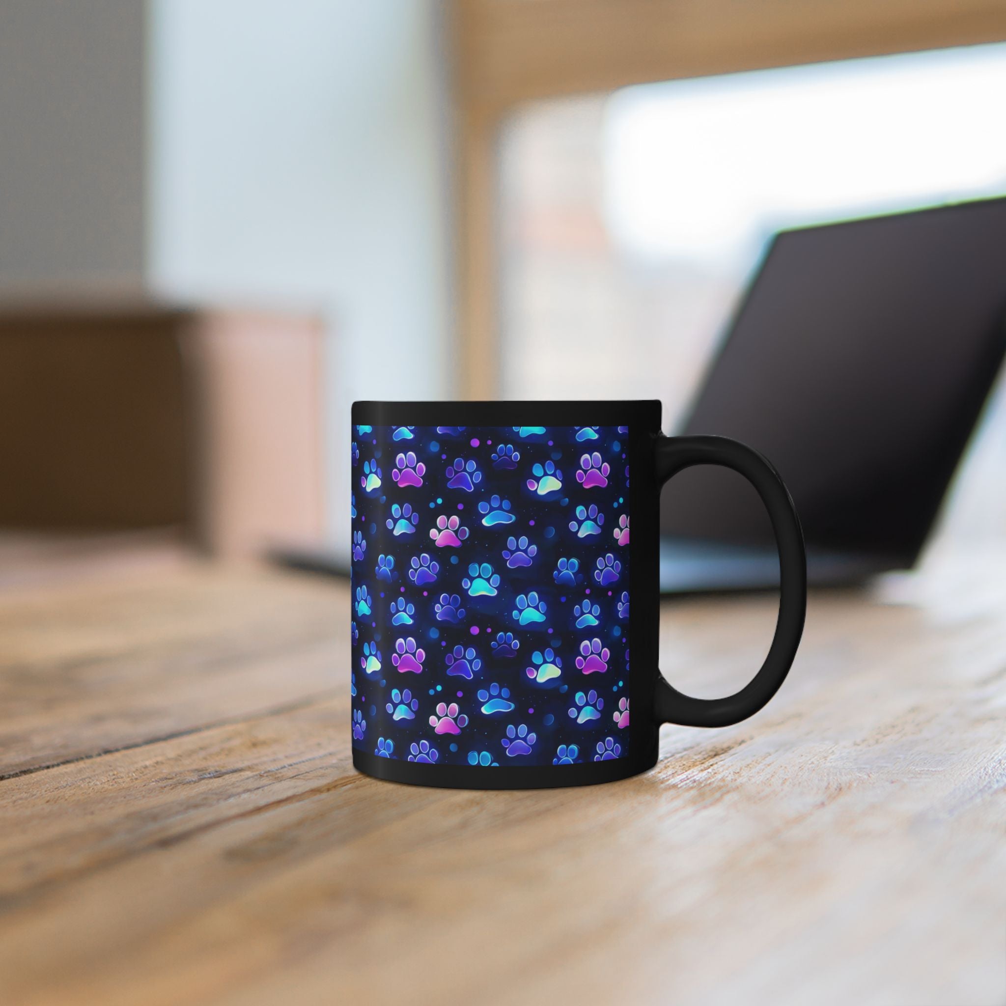 Neon Paw Print Pattern Mug | Black Ceramic 11oz or 15oz