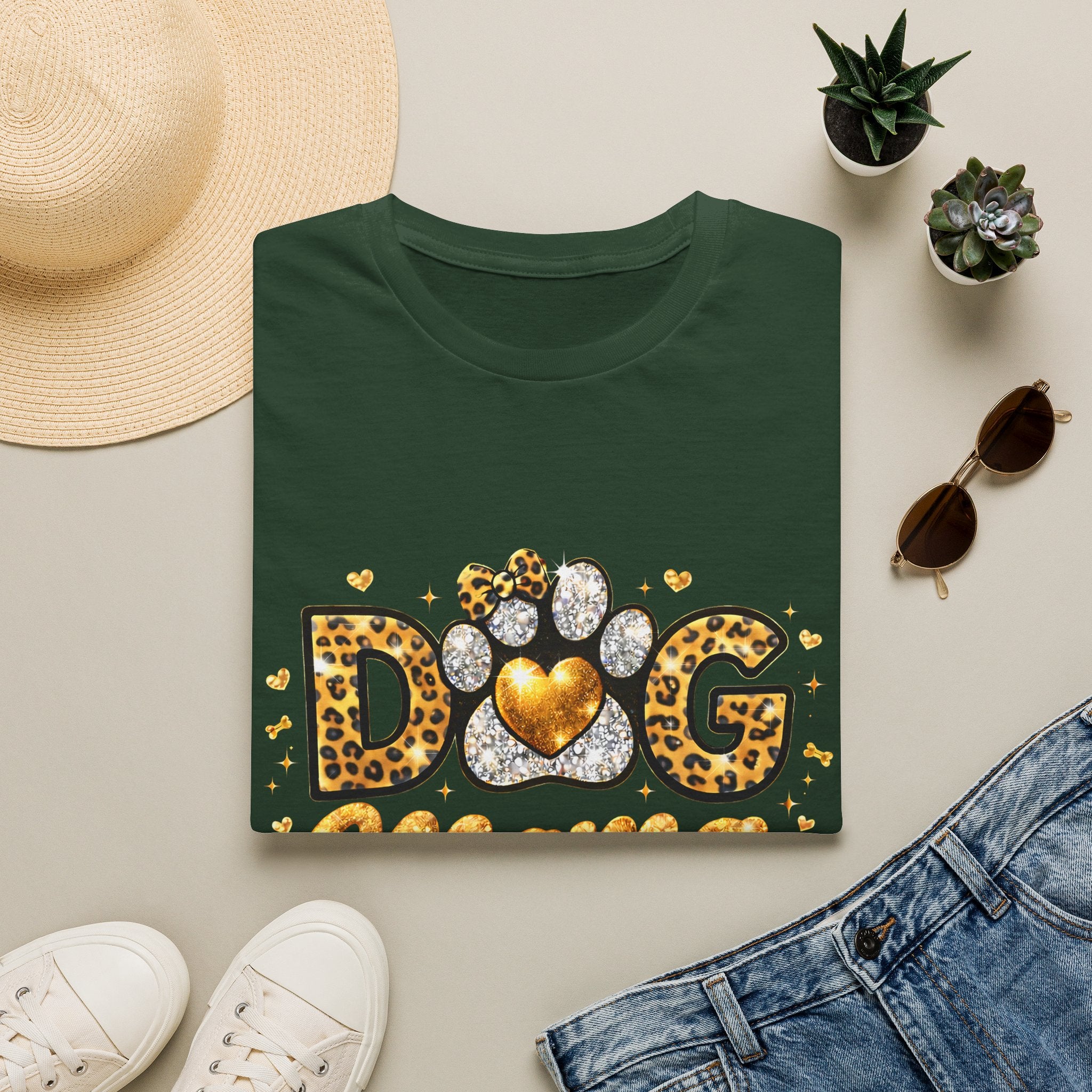 Dog Mama T-Shirt | Leopard Heart Paw Print, Gold Glitter Script
