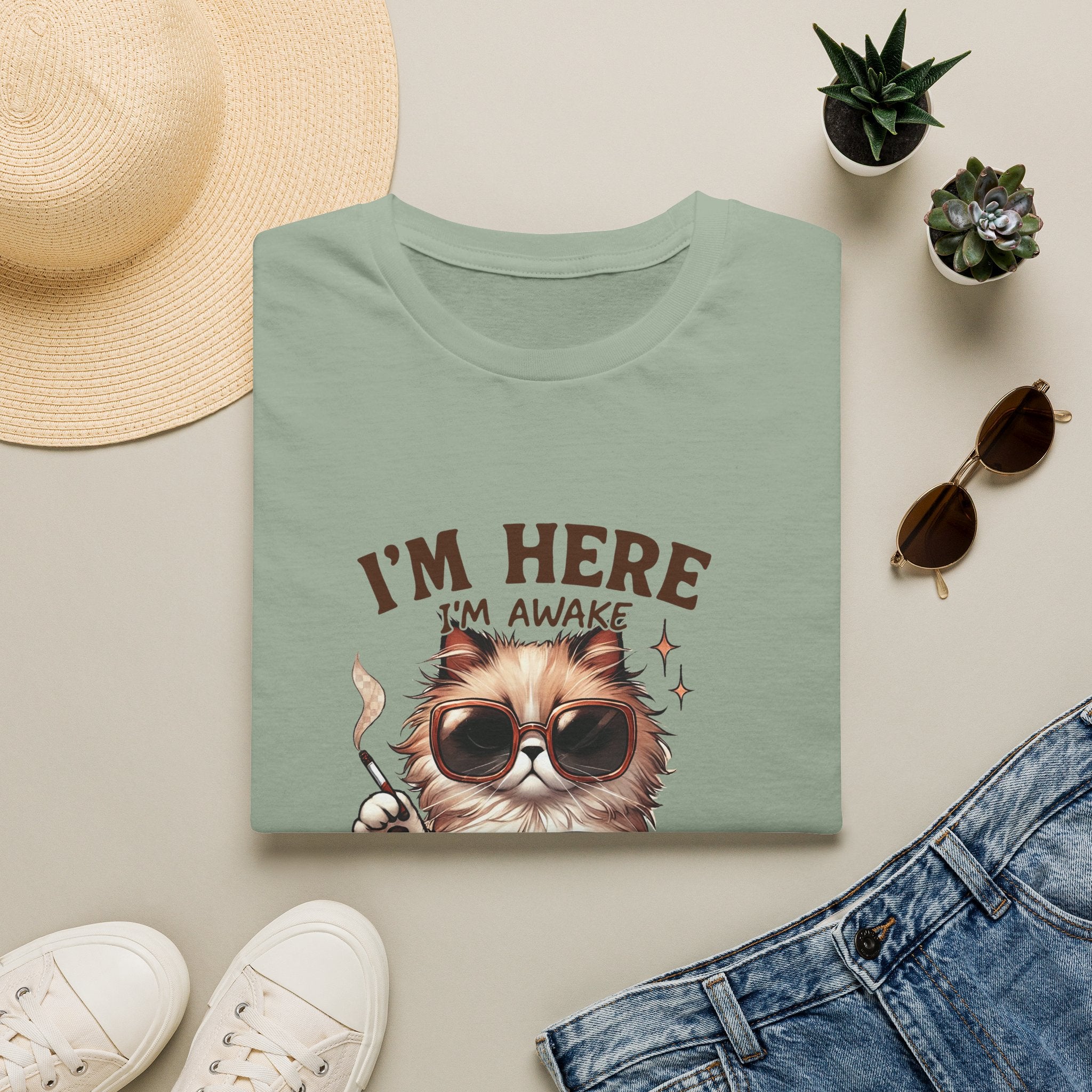 Sunglasses Cat with Coffee I'm Here I'm Awake Don't Push It T-Shirt | Funny Cat Tee