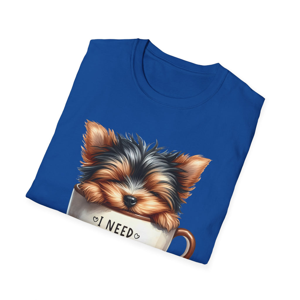 Cute Yorkie in Coffee Cup T-Shirt | I Need Coffee Puppy Graphic Tee