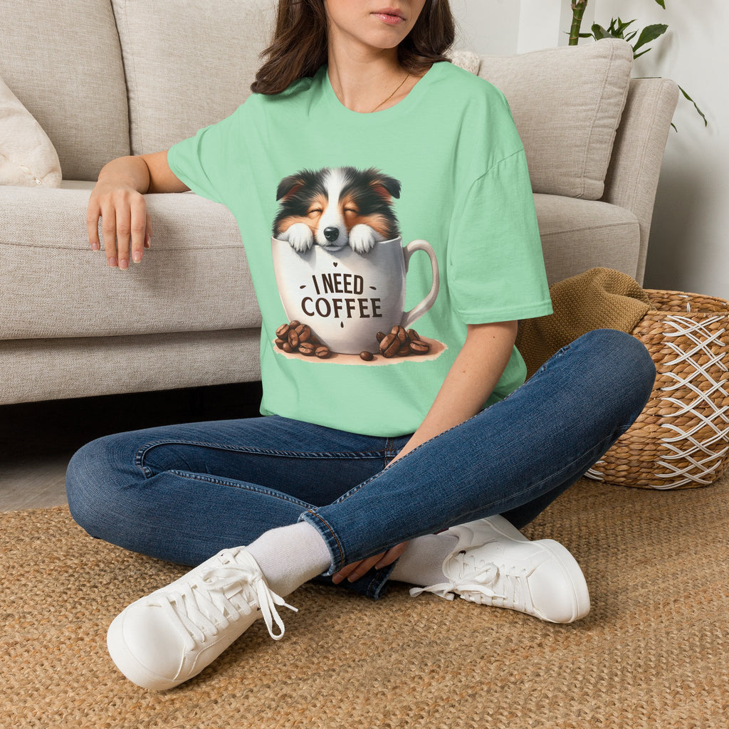 I Need Coffee Dog T-Shirt | Coffee Cup, Shetland Sheepdog Illustration