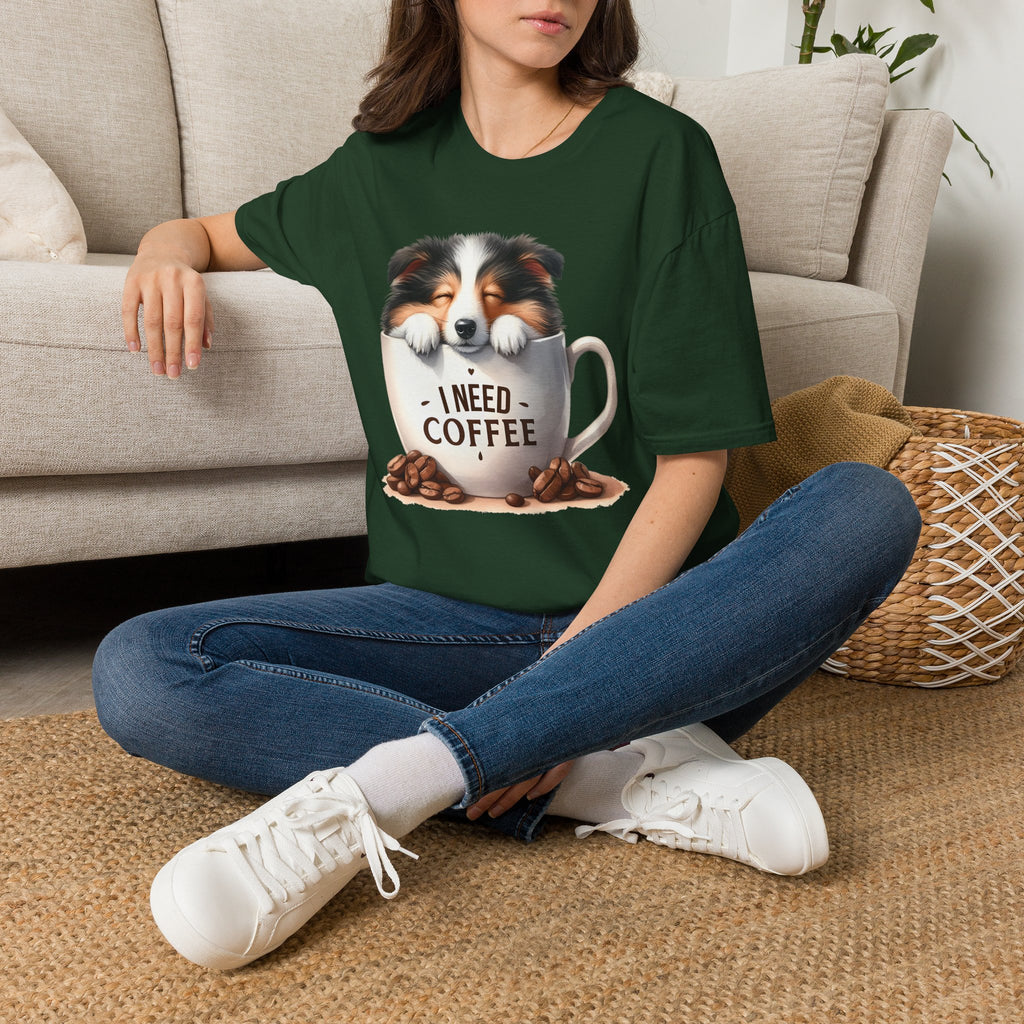 I Need Coffee Dog T-Shirt | Coffee Cup, Shetland Sheepdog Illustration