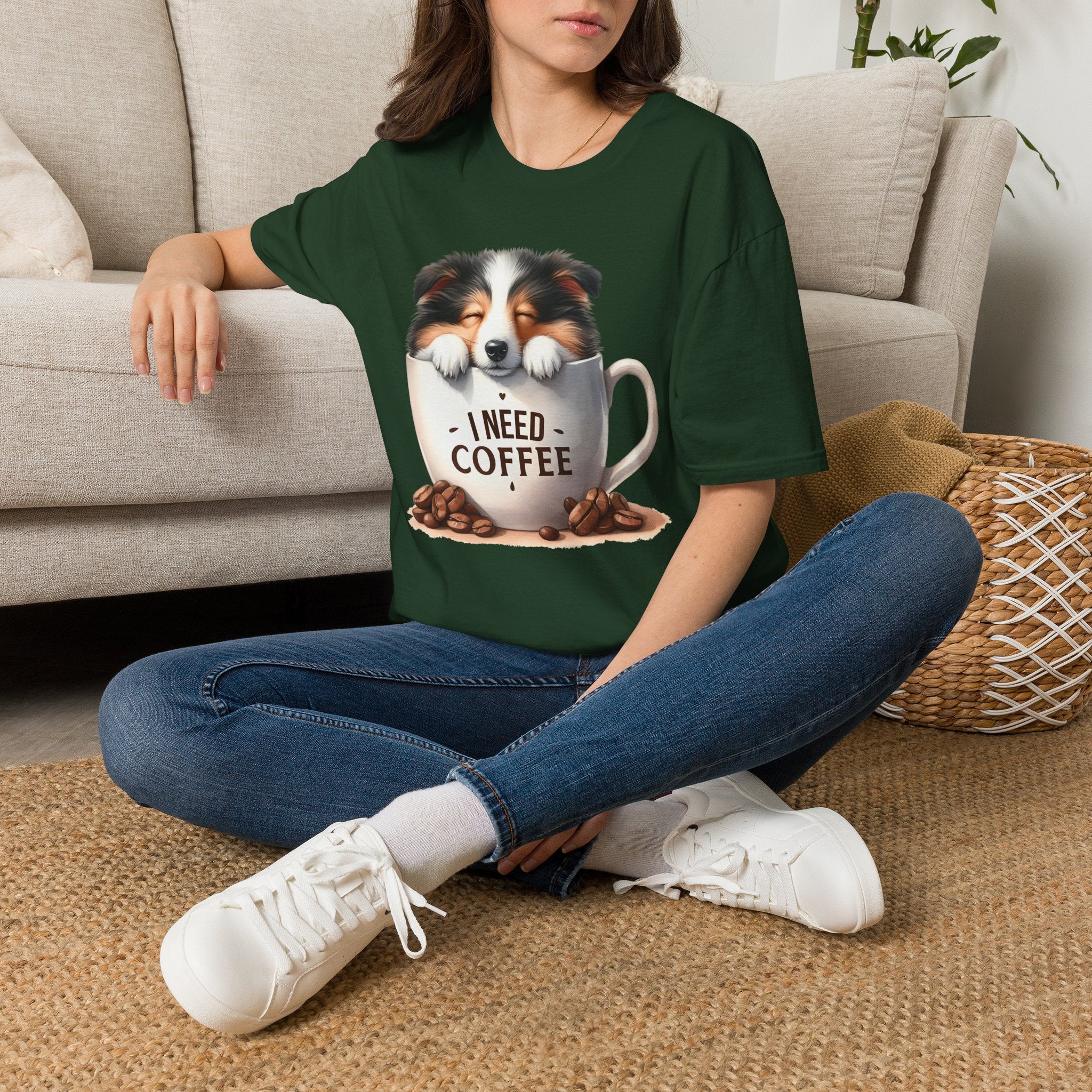I Need Coffee Dog T-Shirt | Coffee Cup, Shetland Sheepdog Illustration