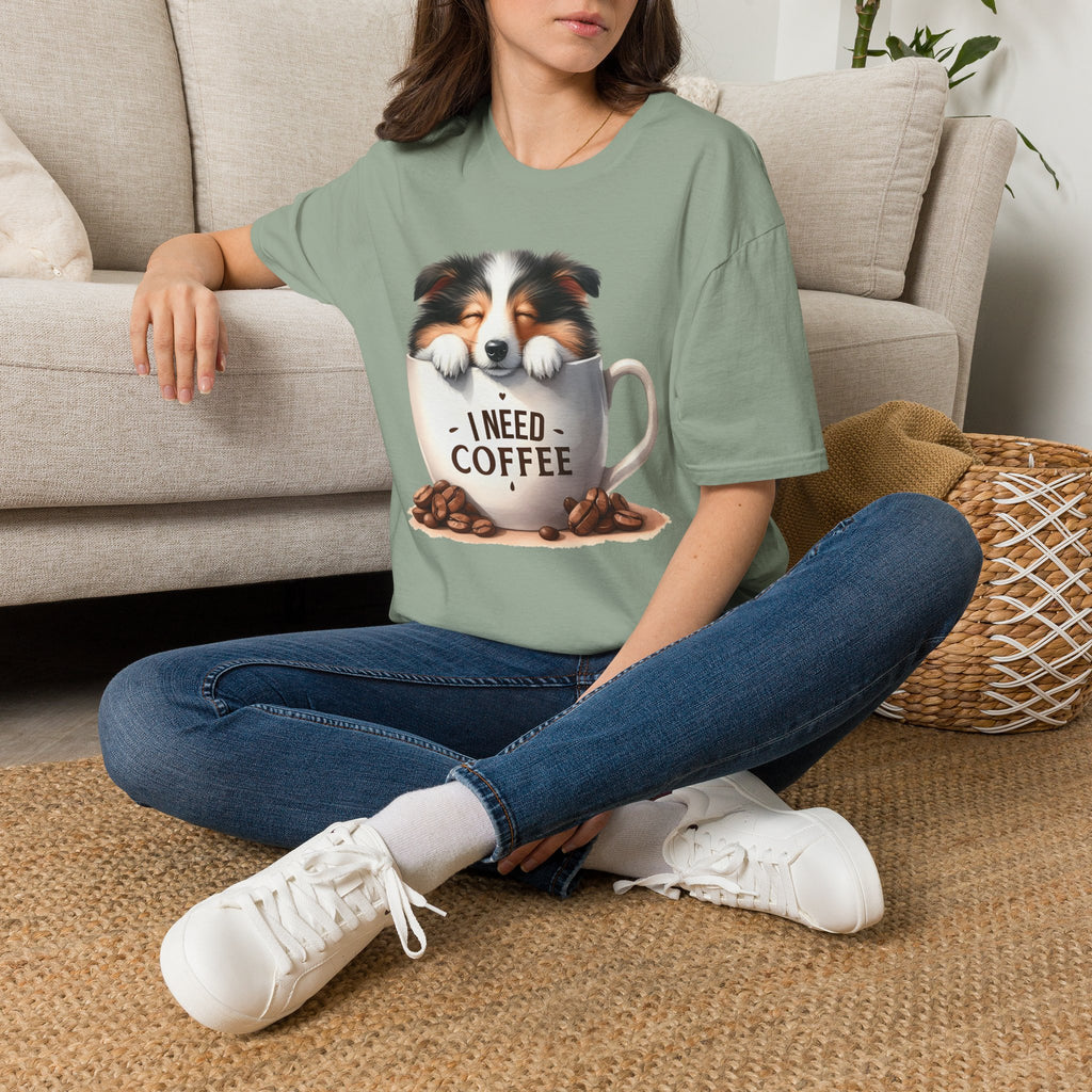 I Need Coffee Dog T-Shirt | Coffee Cup, Shetland Sheepdog Illustration