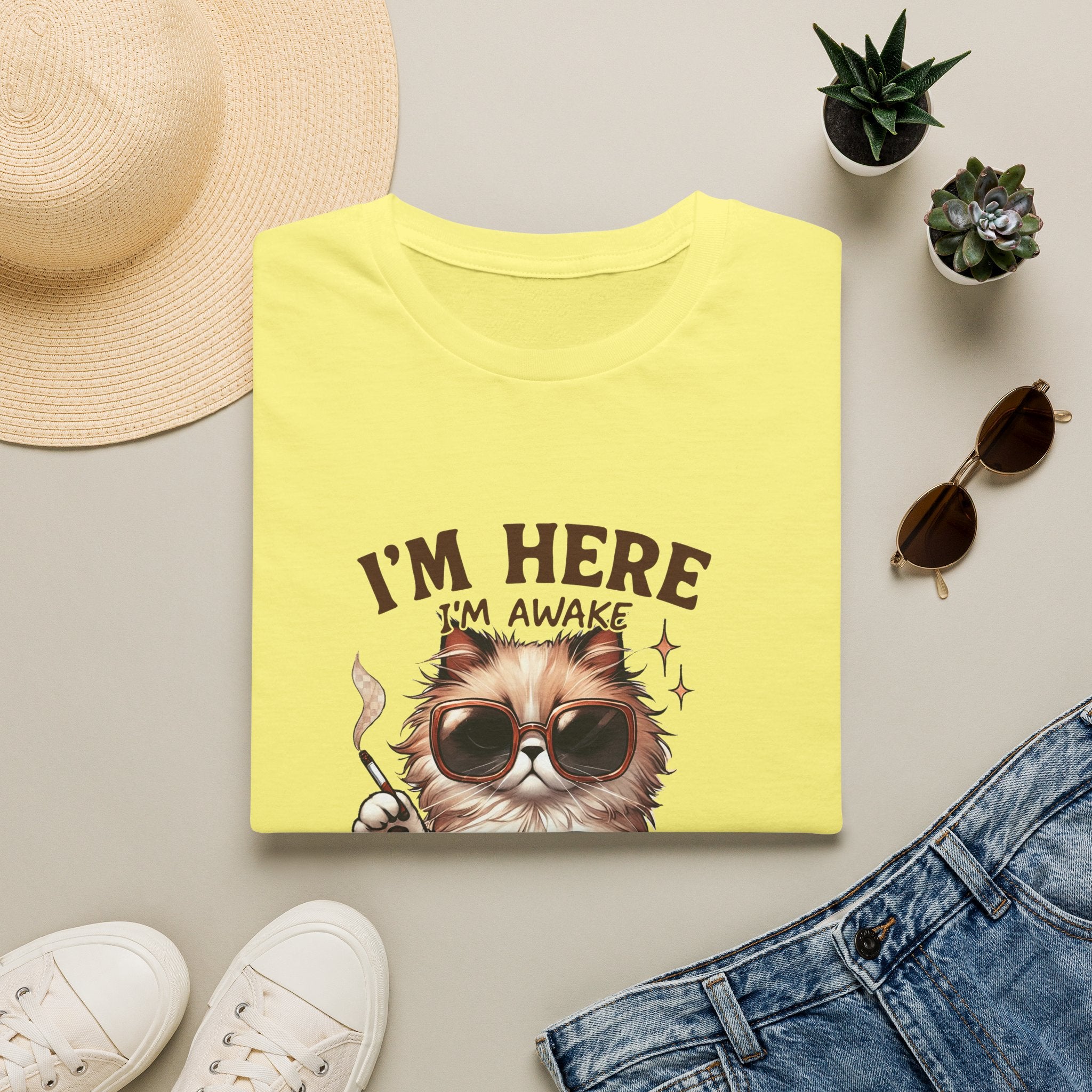 Sunglasses Cat with Coffee I'm Here I'm Awake Don't Push It T-Shirt | Funny Cat Tee