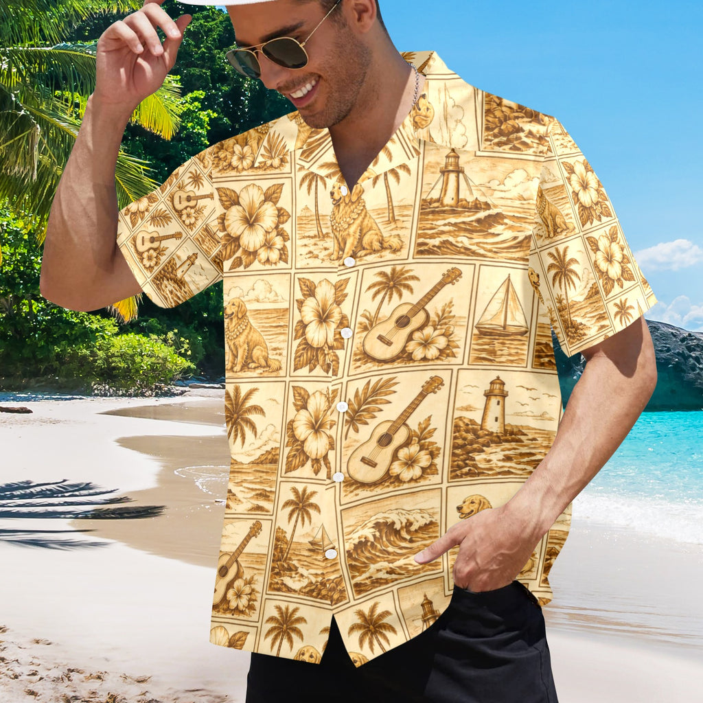 Golden Retriever Dog Style Surf Men's All Over Print Hawaiian Shirt Made In USA Ships to USA Only
