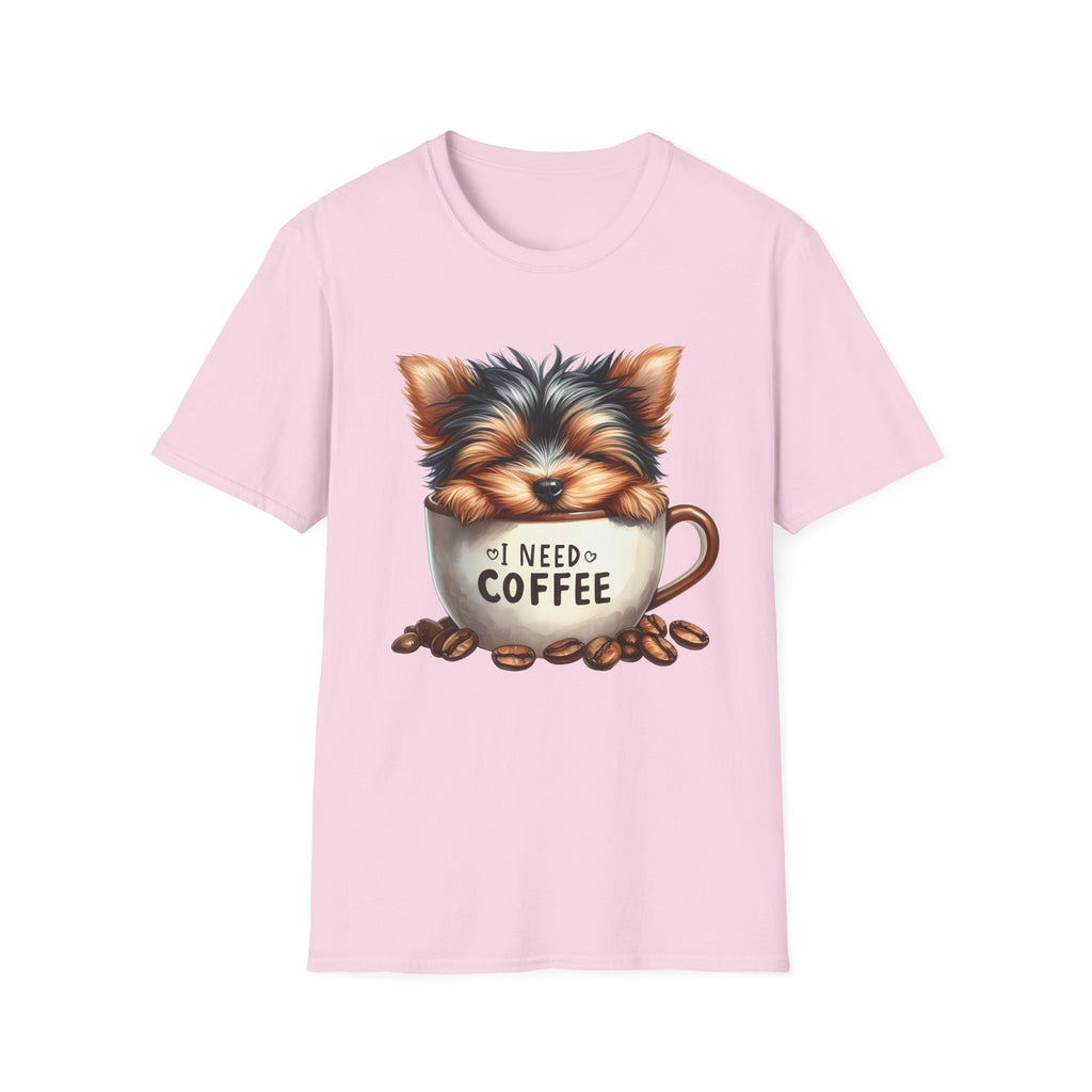 Cute Yorkie in Coffee Cup T-Shirt | I Need Coffee Puppy Graphic Tee