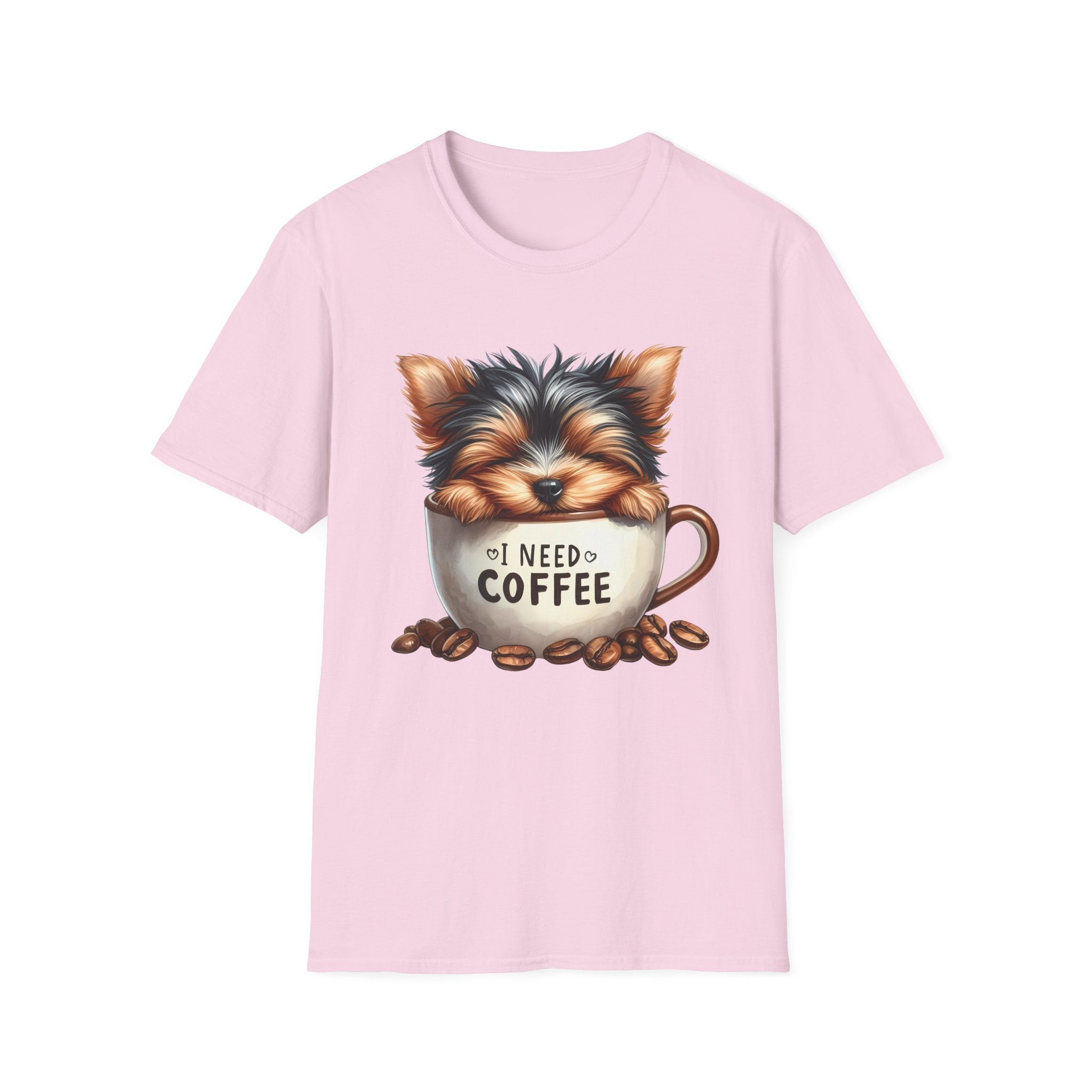 Cute Yorkie in Coffee Cup T-Shirt | I Need Coffee Puppy Graphic Tee