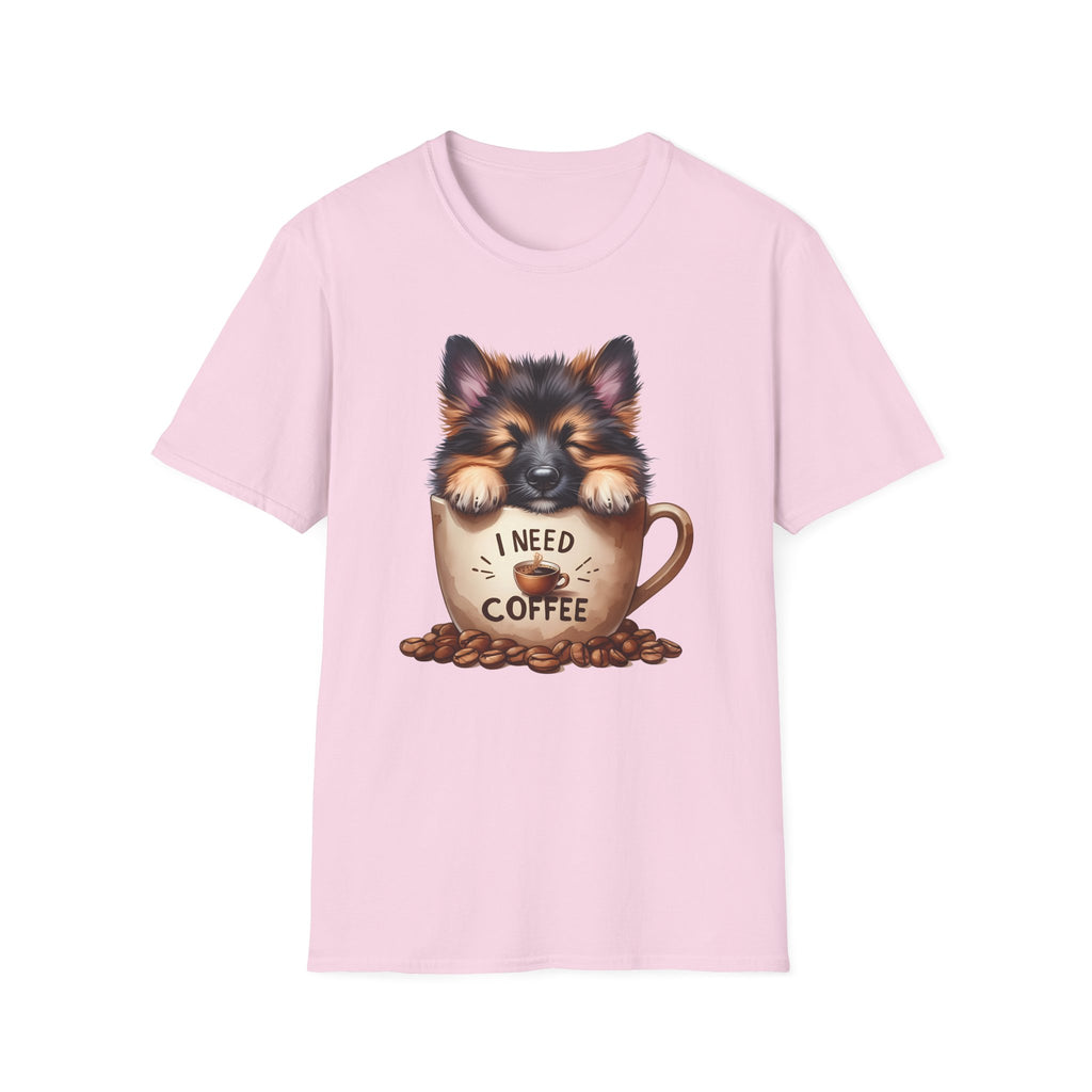 German Shepherd Puppy I Need Coffee T-Shirt | Cute Dog Coffee Design