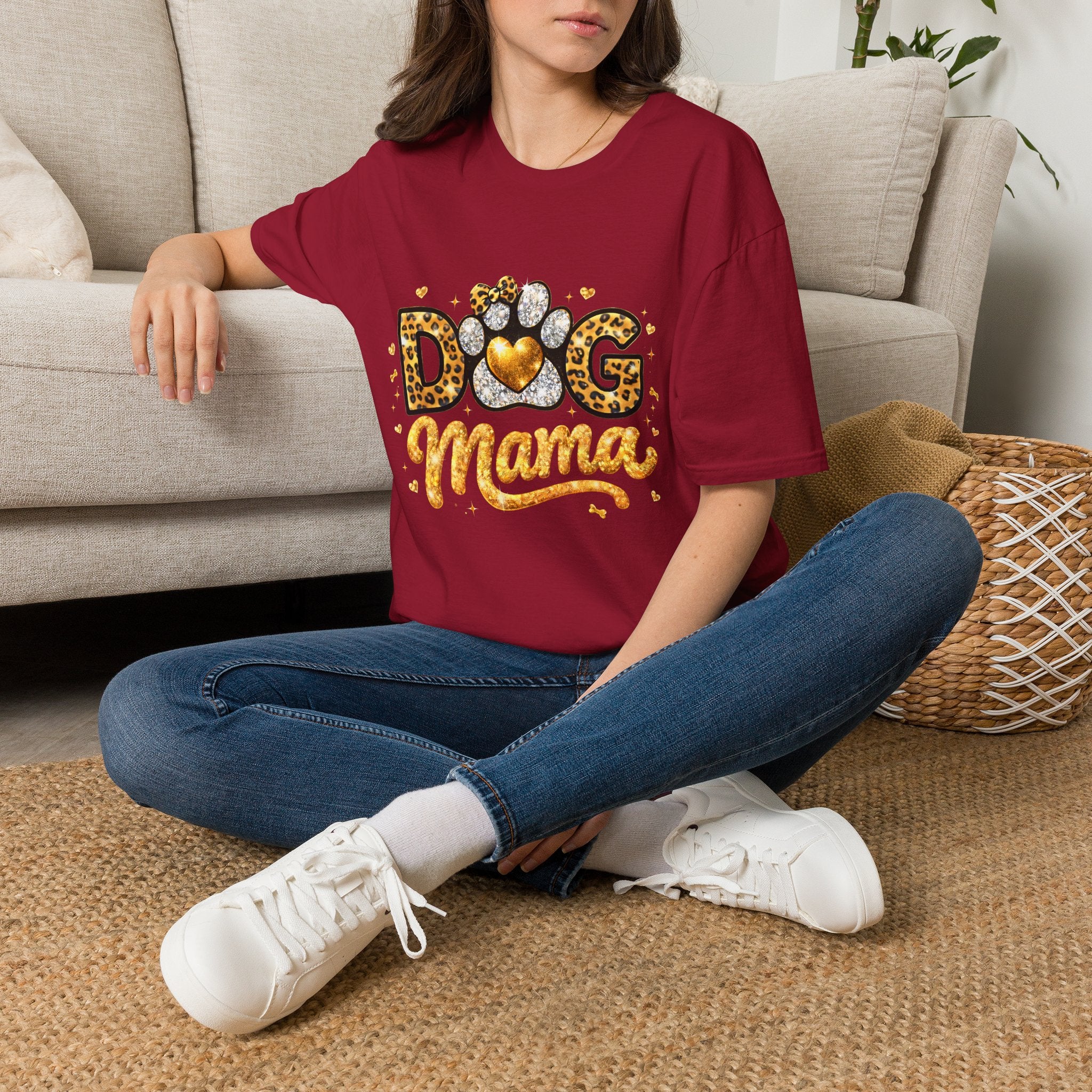 Dog Mama T-Shirt | Leopard Heart Paw Print, Gold Glitter Script