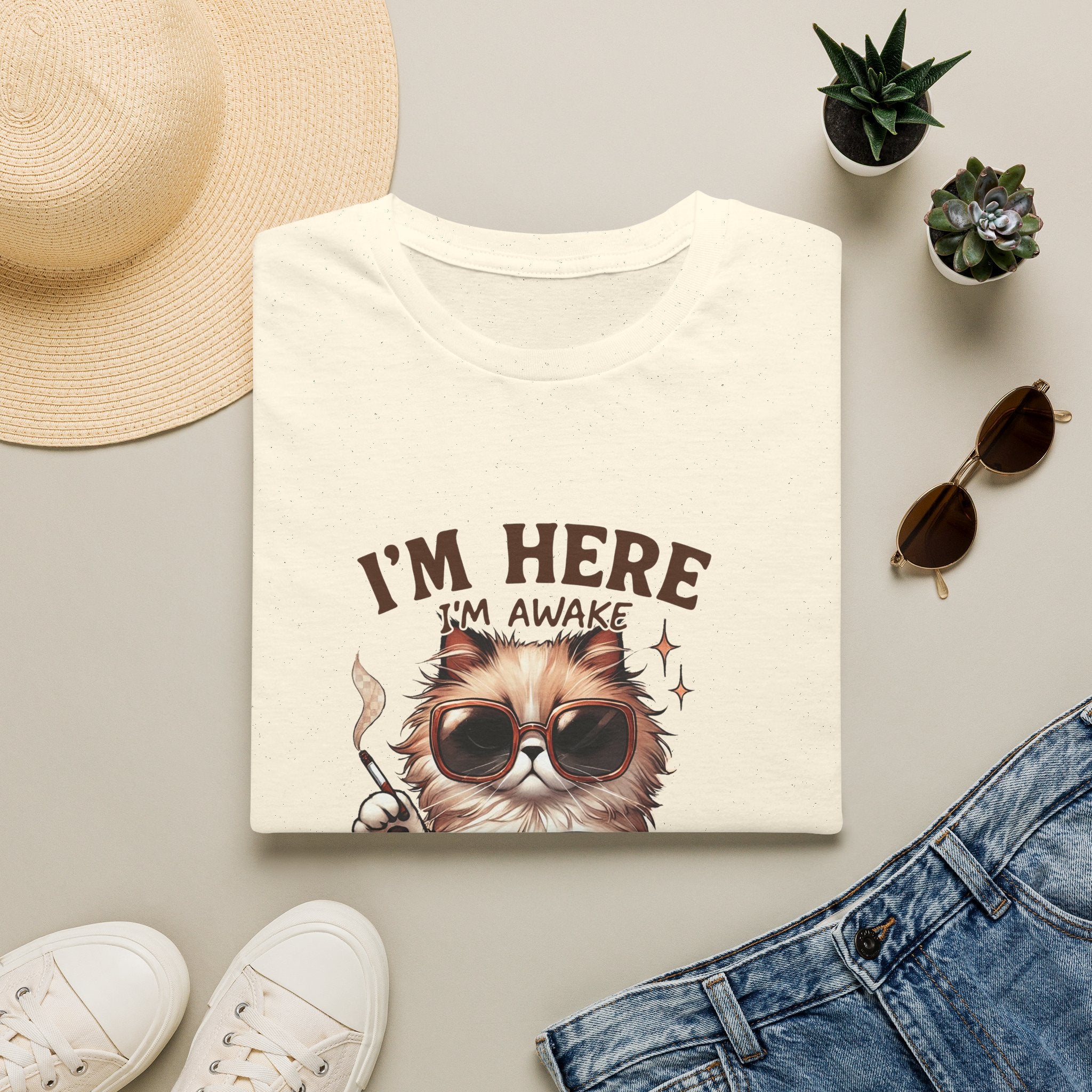 Sunglasses Cat with Coffee I'm Here I'm Awake Don't Push It T-Shirt | Funny Cat Tee