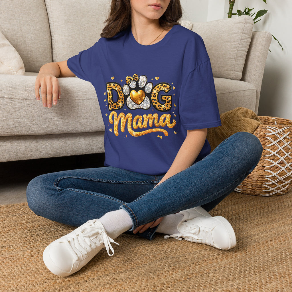 Dog Mama T-Shirt | Leopard Heart Paw Print, Gold Glitter Script