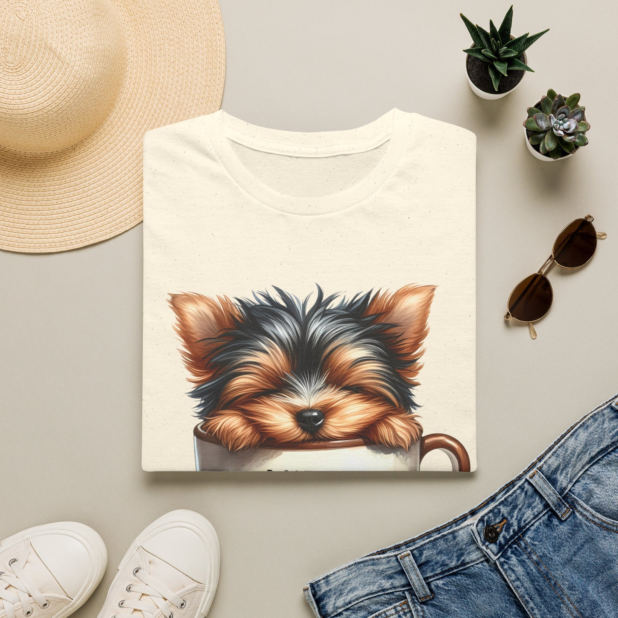 Cute Yorkie in Coffee Cup T-Shirt | I Need Coffee Puppy Graphic Tee