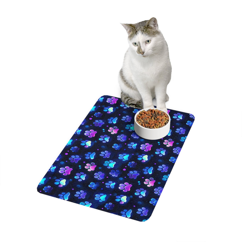 Neon Paw Print Pet Food Mat (12x18) | Blue Purple Paw Pattern