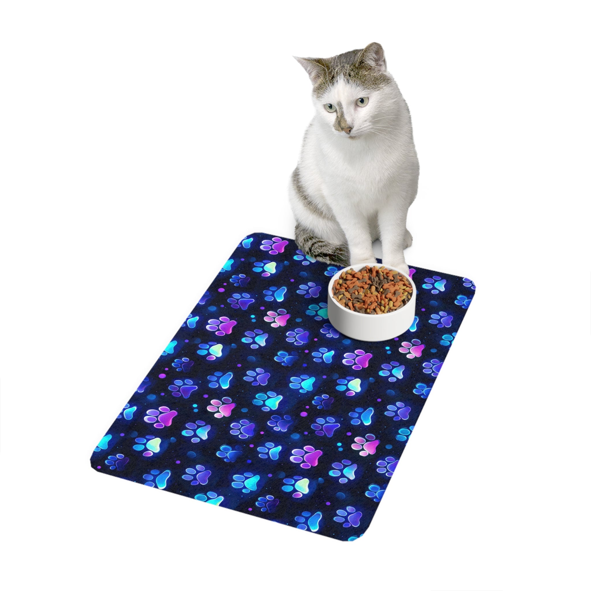 Neon Paw Print Pet Food Mat (12x18) | Blue Purple Paw Pattern