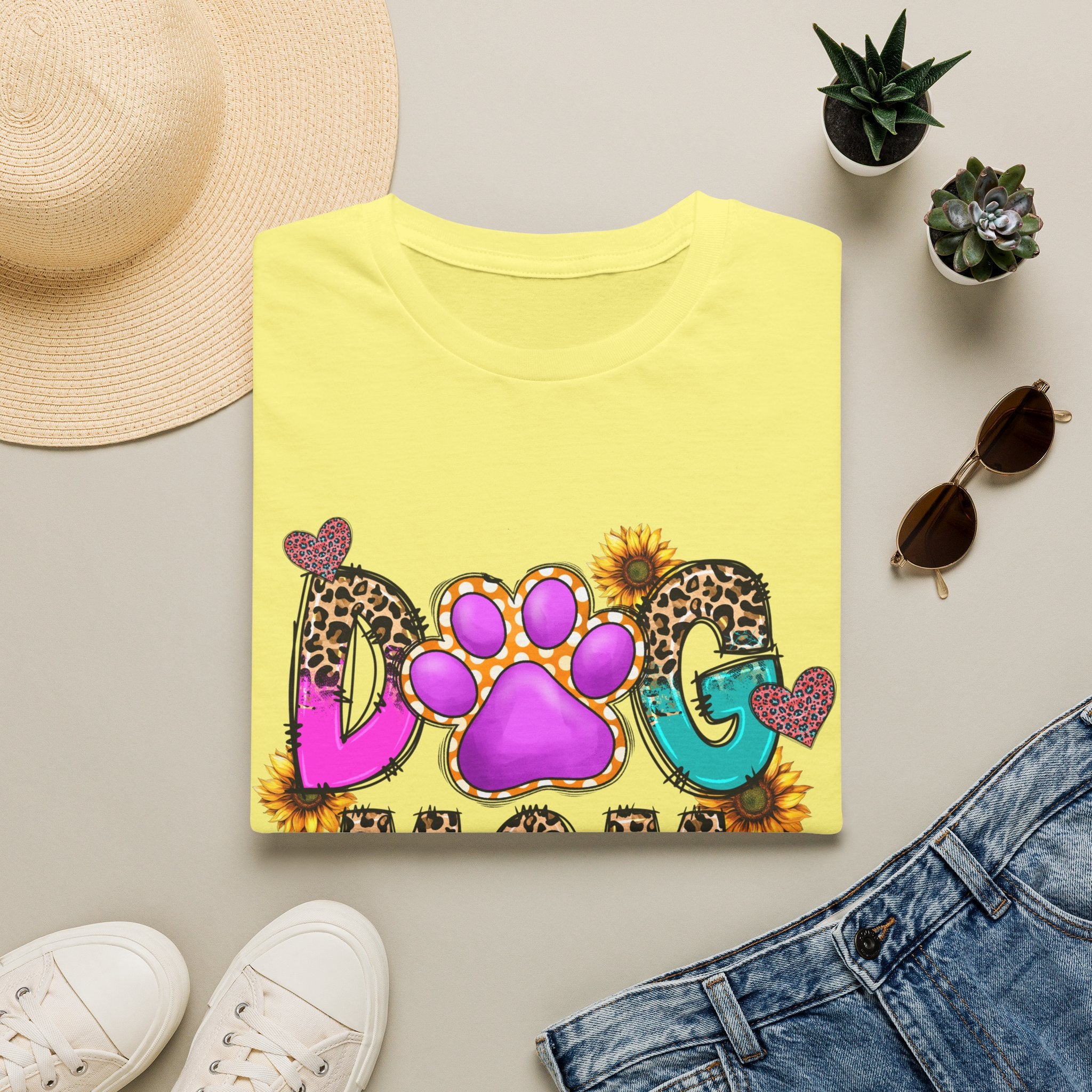 Dog Mom colorful paw print design T-Shirt | leopard hearts sunflower accents