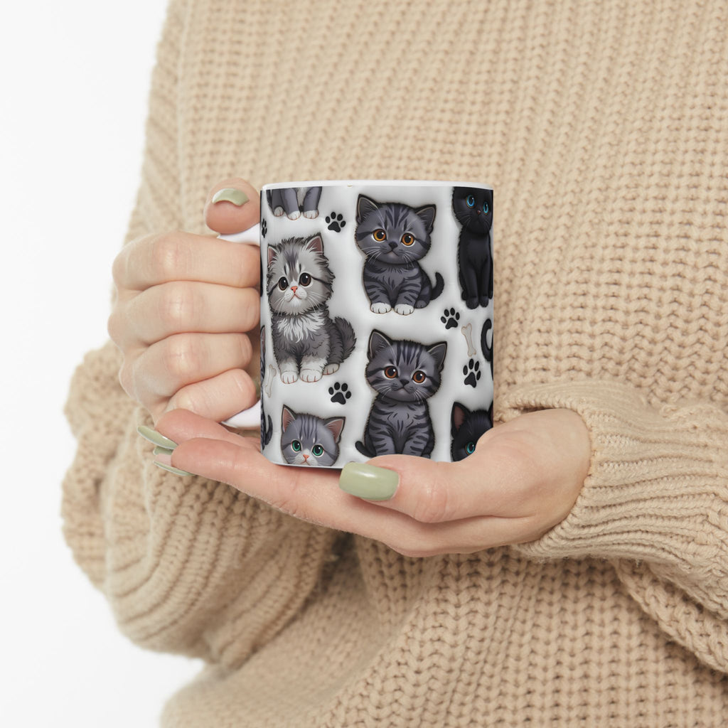 Cute Black and Tabby Kittens Mug | Ceramic Cat Pattern Mug