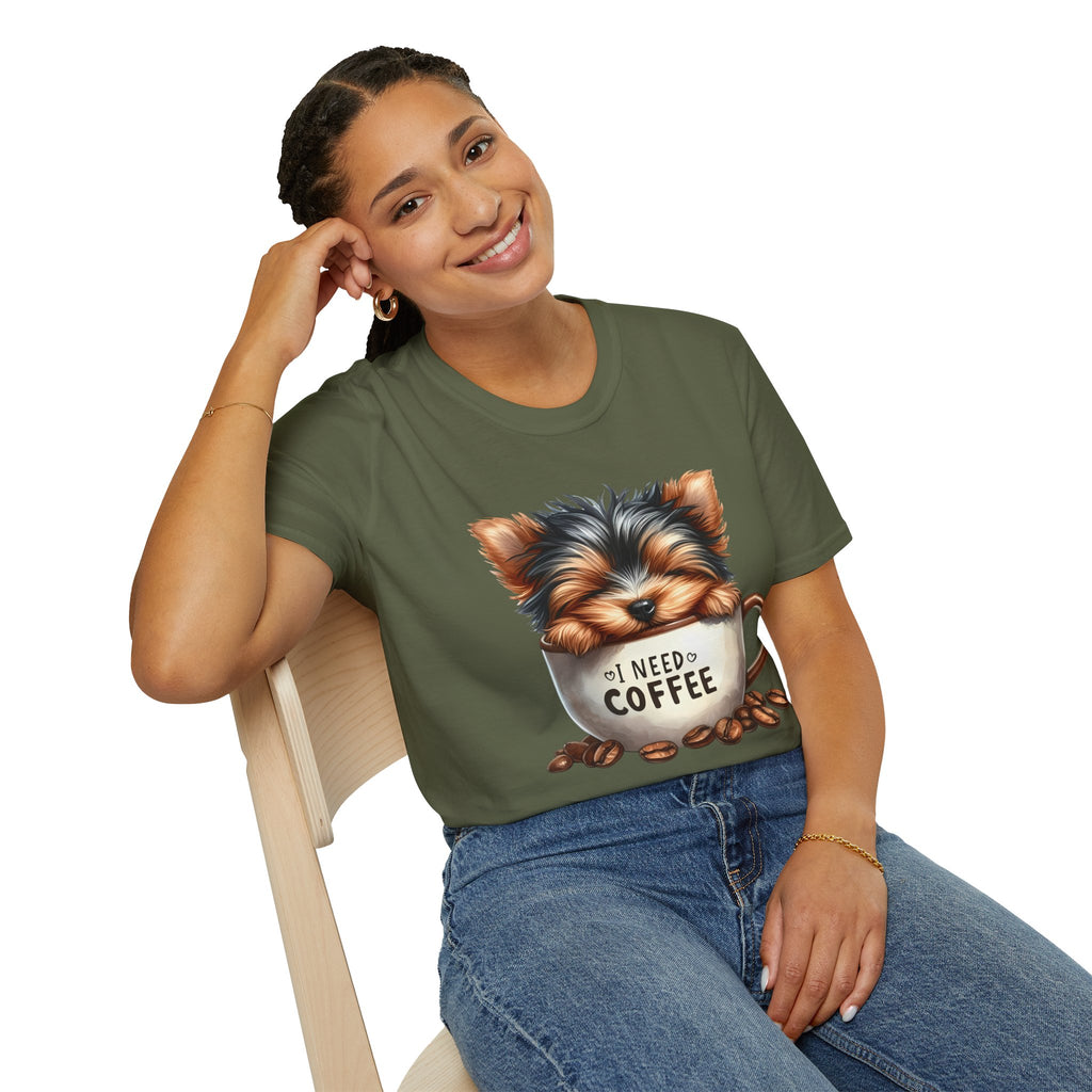 Cute Yorkie in Coffee Cup T-Shirt | I Need Coffee Puppy Graphic Tee