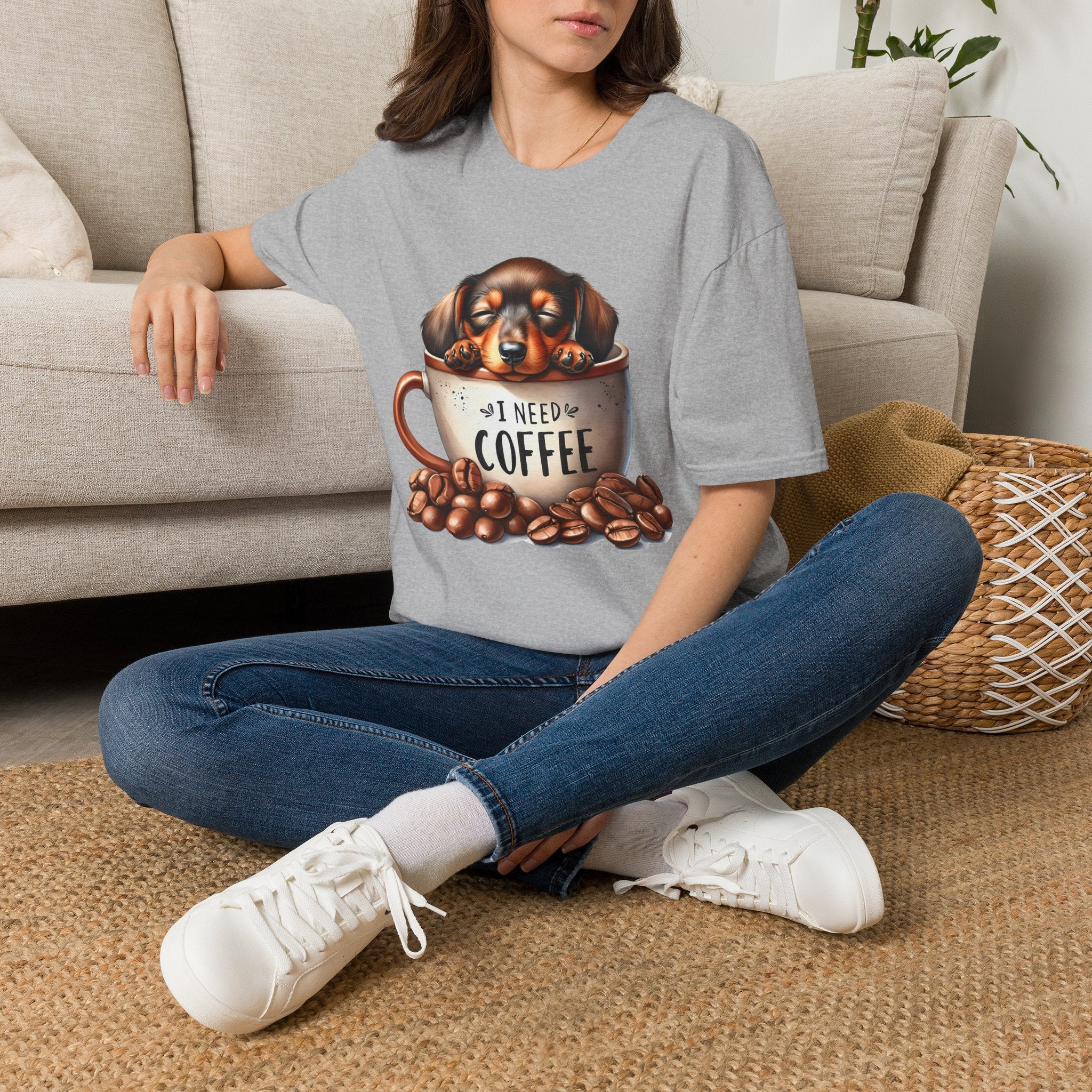 Sleepy Dachshund in Coffee Cup T-Shirt | I Need Coffee, Coffee Beans