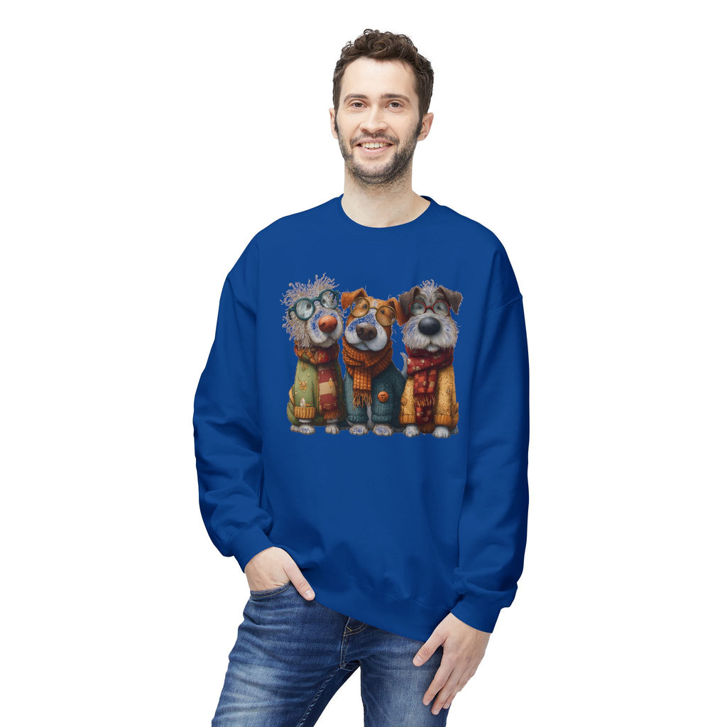 Three Cartoon Dogs in Scarves Sweatshirt | Cute Winter Pup Trio