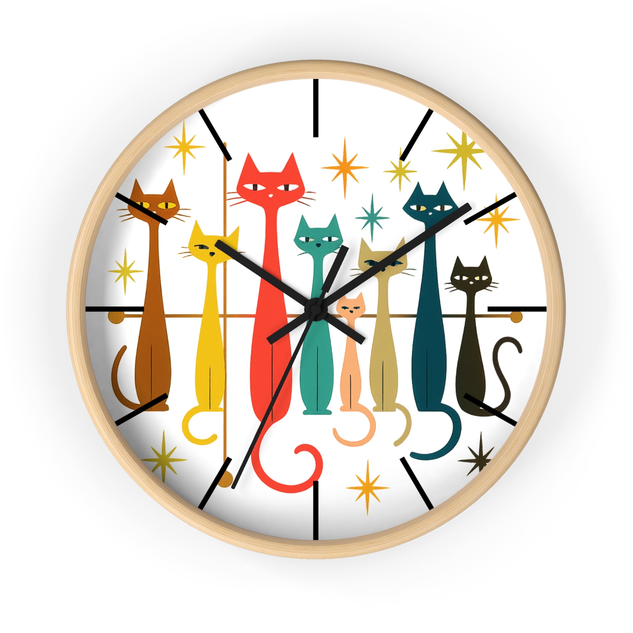 Retro Mid Century Modern Cats Wall Clock | Atomic Starburst Cat Design