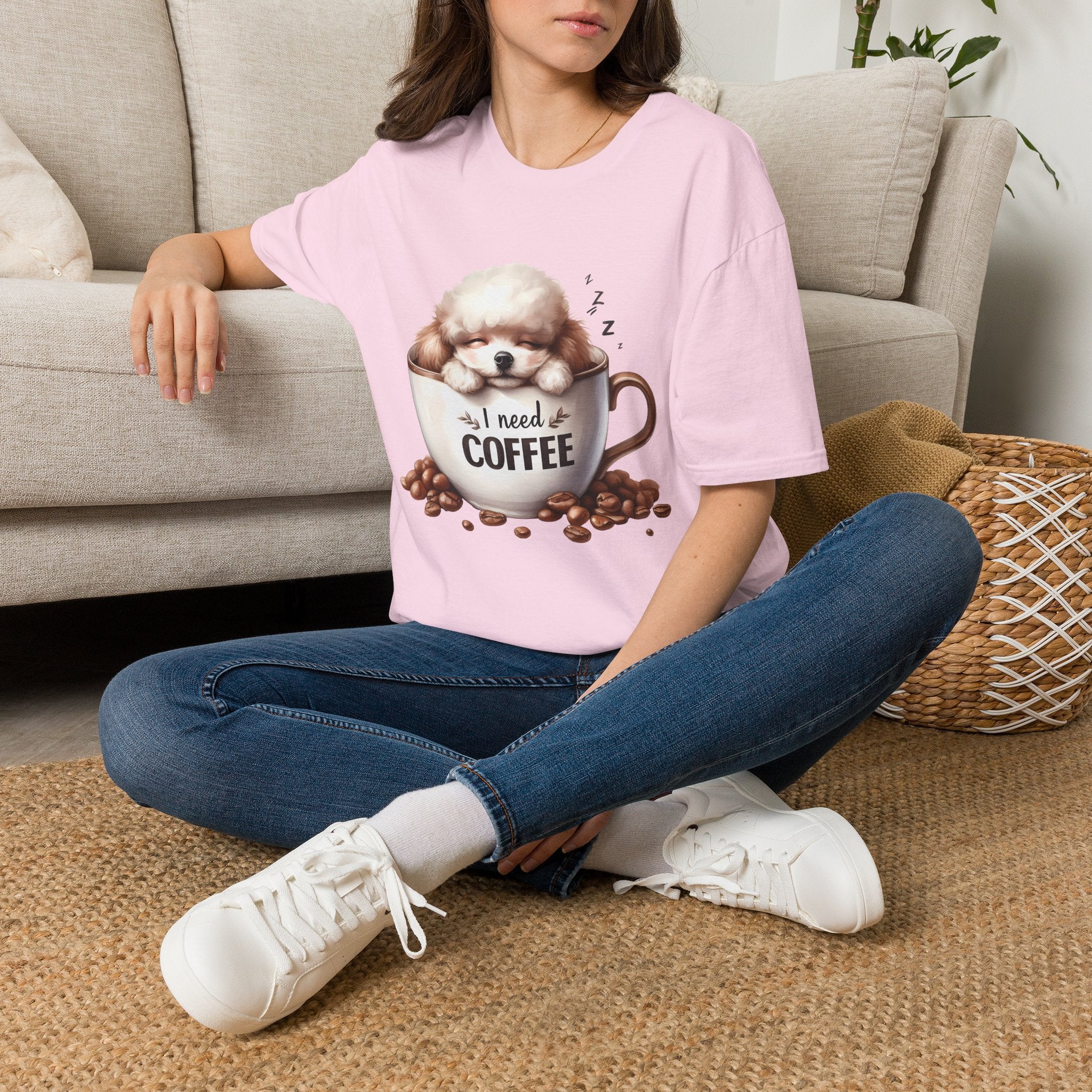 Sleeping Puppy in Coffee Cup T-Shirt | I Need Coffee Dog Design