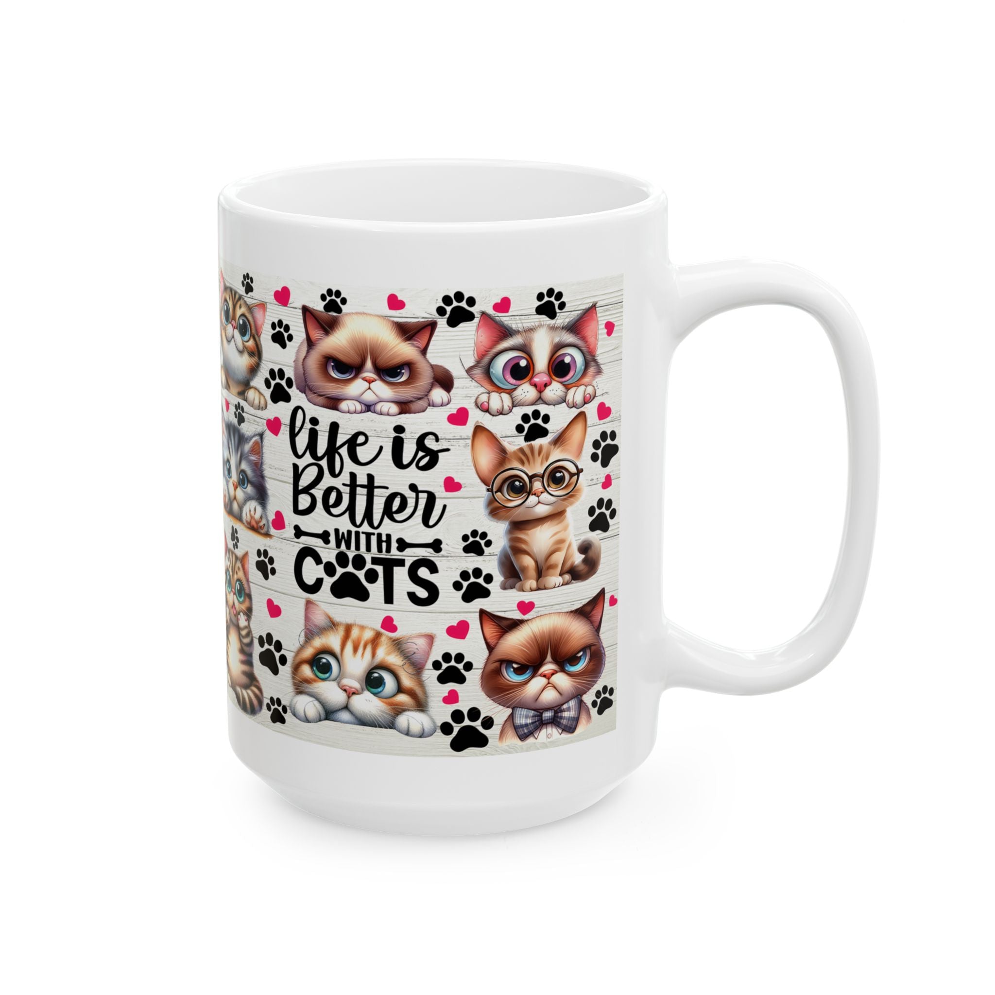 Cute Cartoon Cats Mug | Cute Cat Faces, Paw Prints Pattern Ceramic Mug