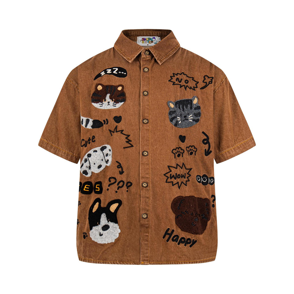 Cat and Dog Plush Embroidery Short Sleeve