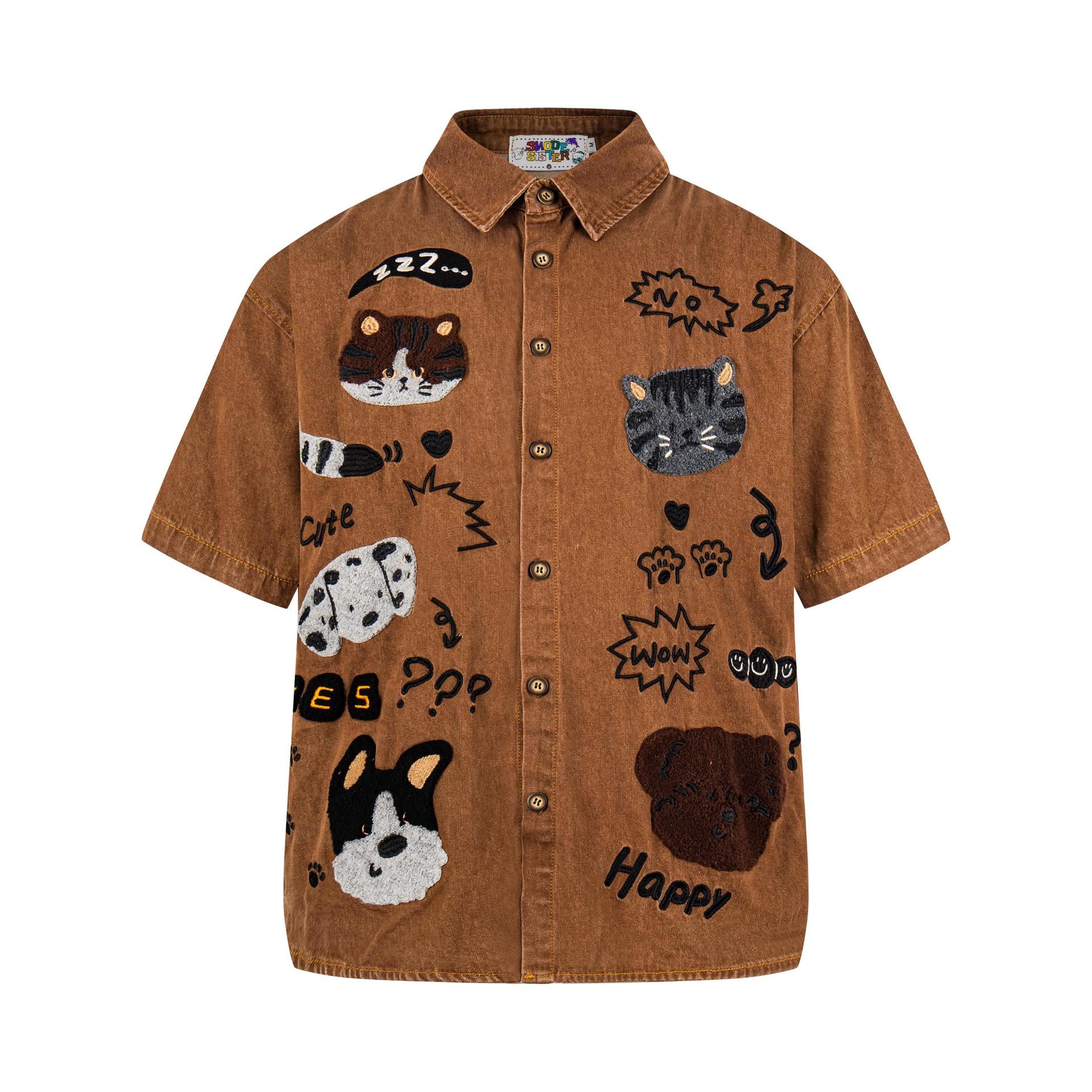 Cat and Dog Plush Embroidery Short Sleeve
