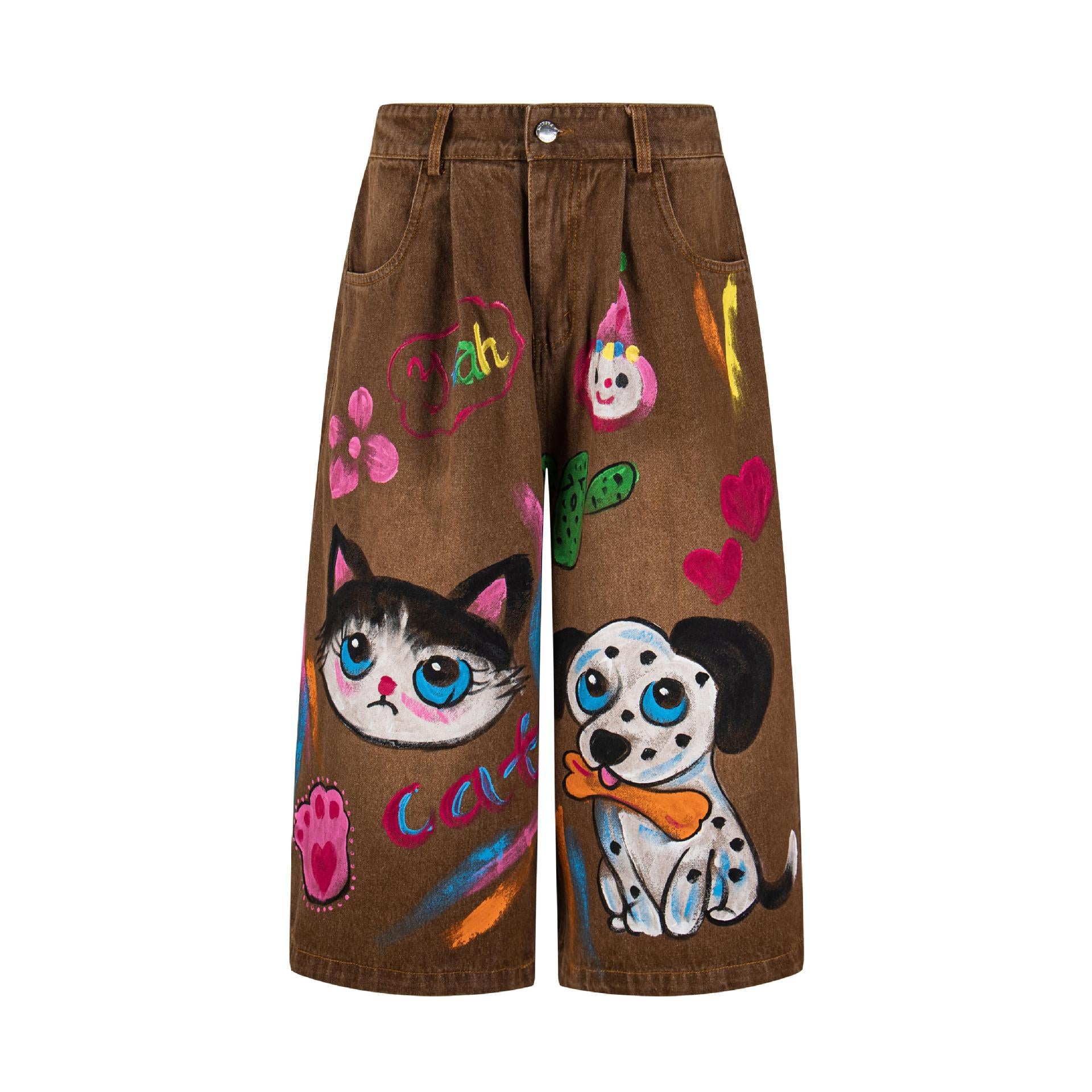 Hand drawn cat and dog graffiti jeans