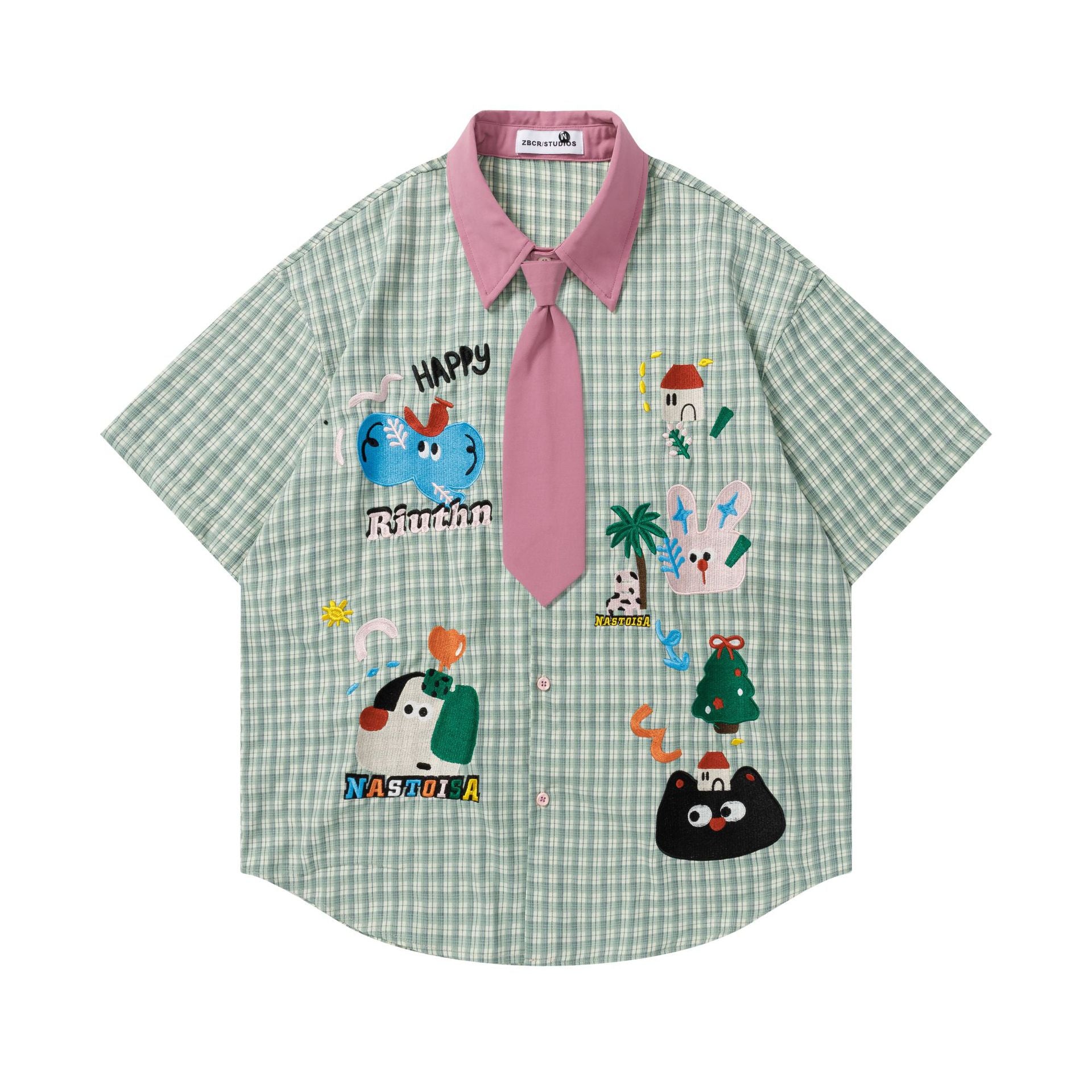 Fun cat and dog embroidered short sleeved shirt