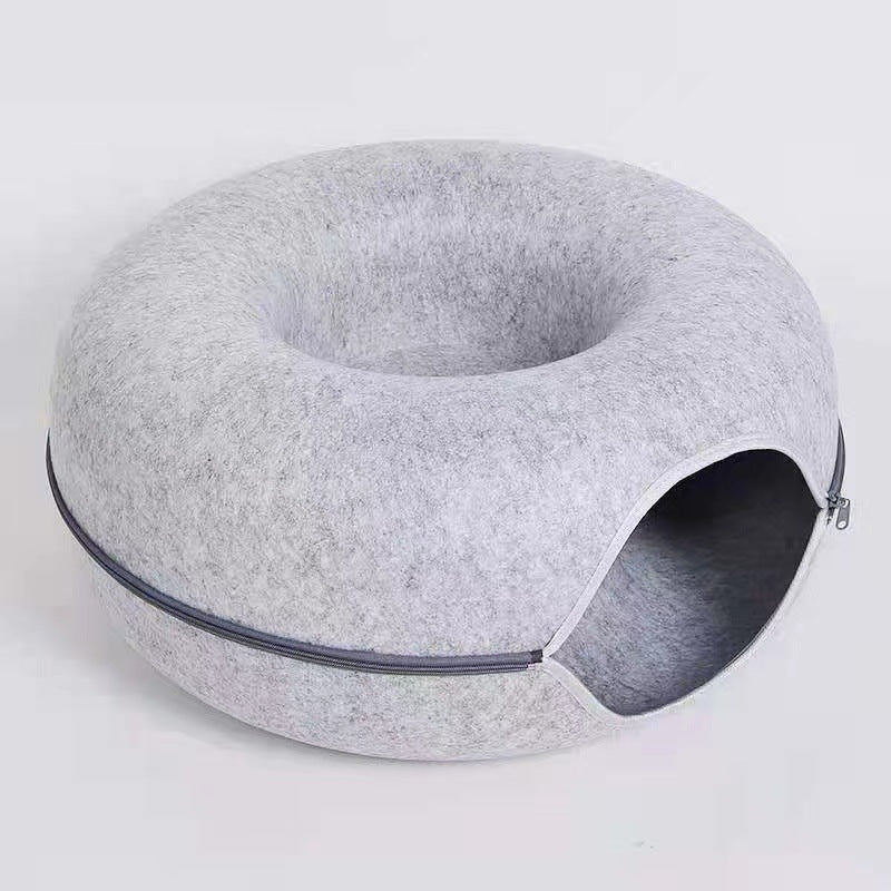 Felt Donut Cat Bed with Zipper Cat Tunnel and Cat Toy Double-Layer Pet Bed for Cats