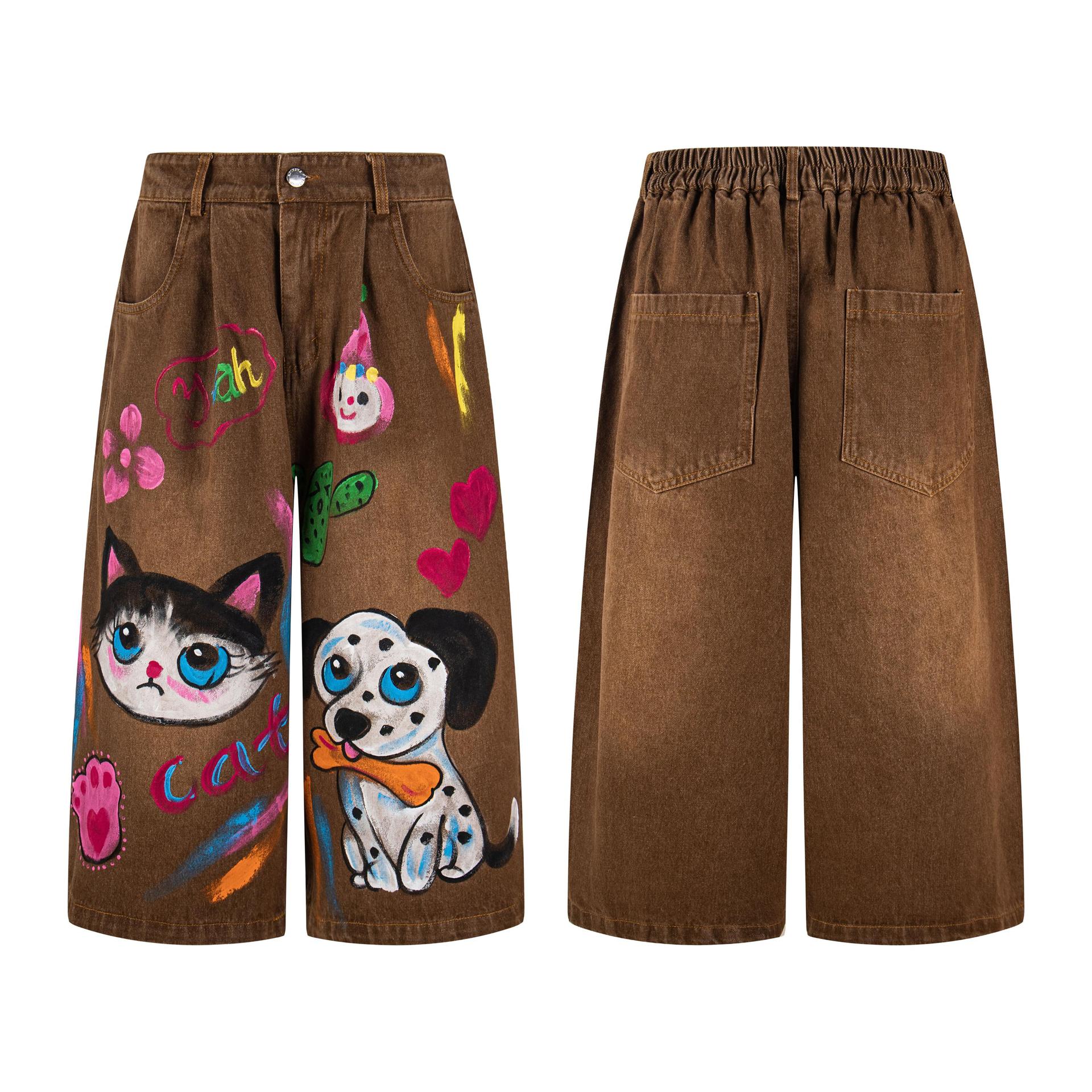 Hand drawn cat and dog graffiti jeans