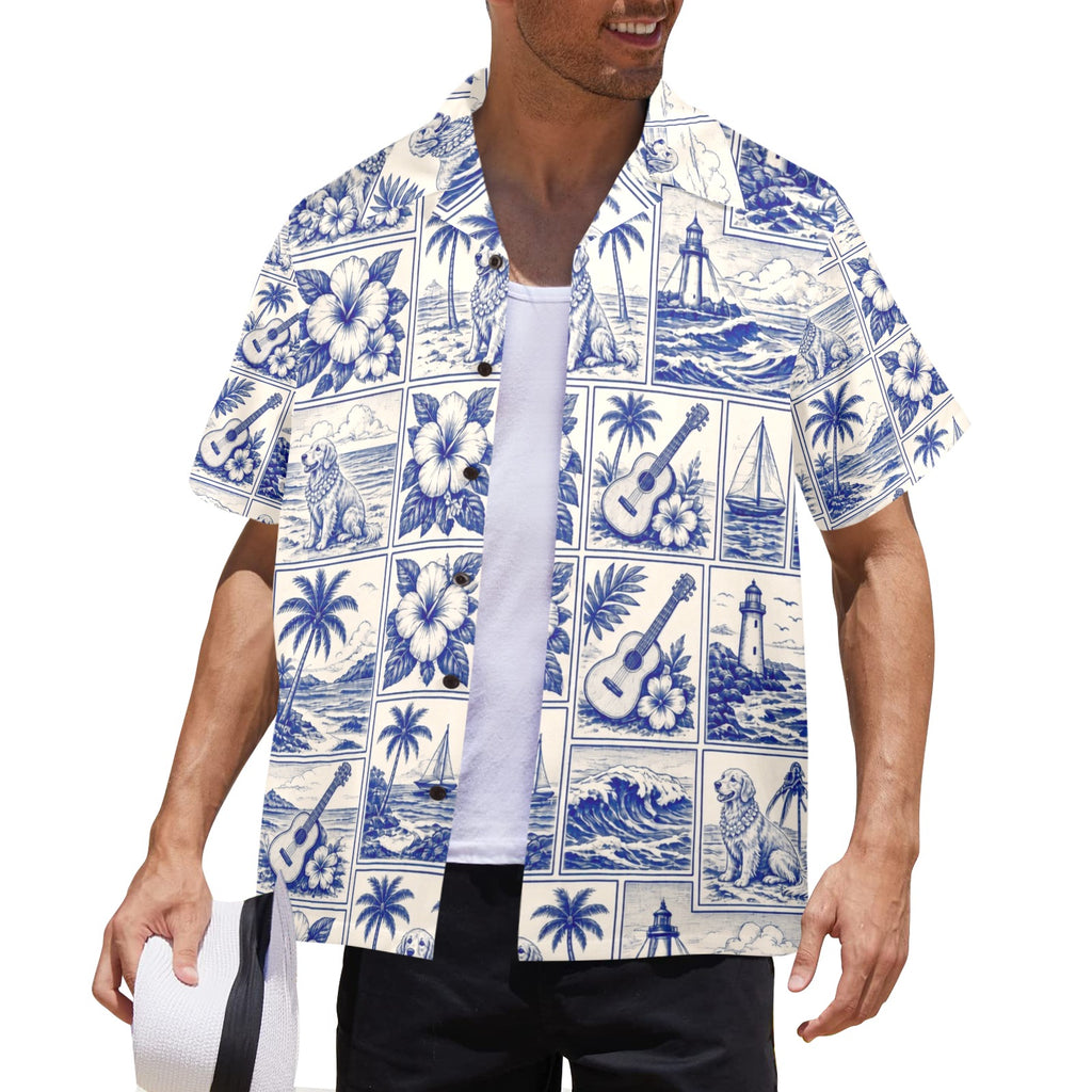 Golden Retriever Dog Style Surf Men's All Over Print Hawaiian Shirt Made In USA Ships to USA Only