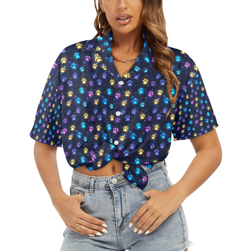 Neon Paw Prints Women's All Over Print Hawaiian Shirt （Made in USA) Free Shipping