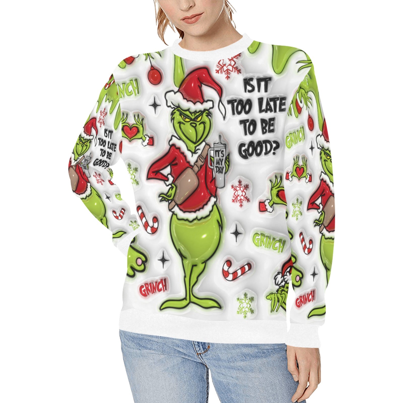 Is It Too Late To Be Good? Women's Grinchy Rib Cuff Crew Neck Sweatshirt