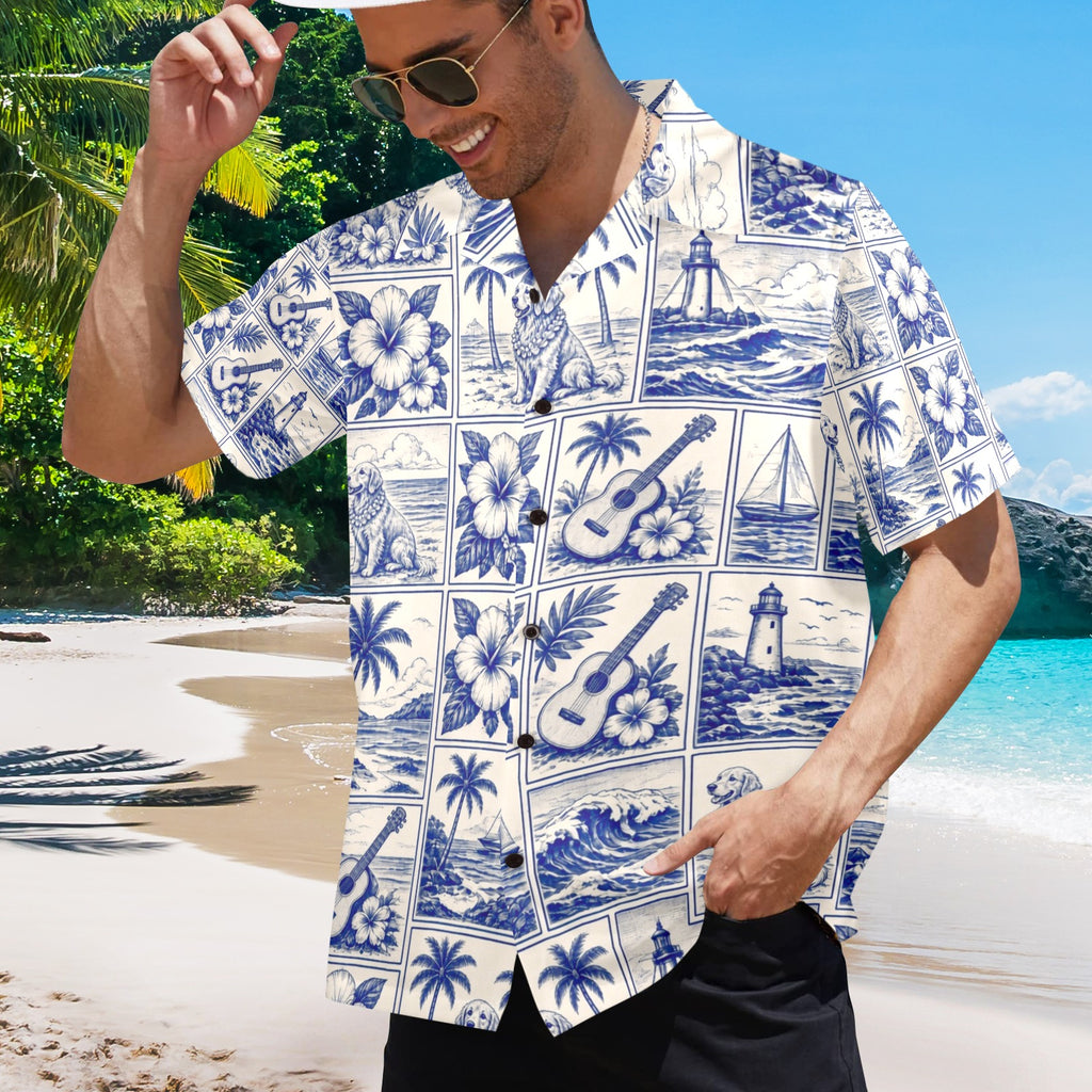 Golden Retriever Dog Style Surf Men's All Over Print Hawaiian Shirt Made In USA Ships to USA Only