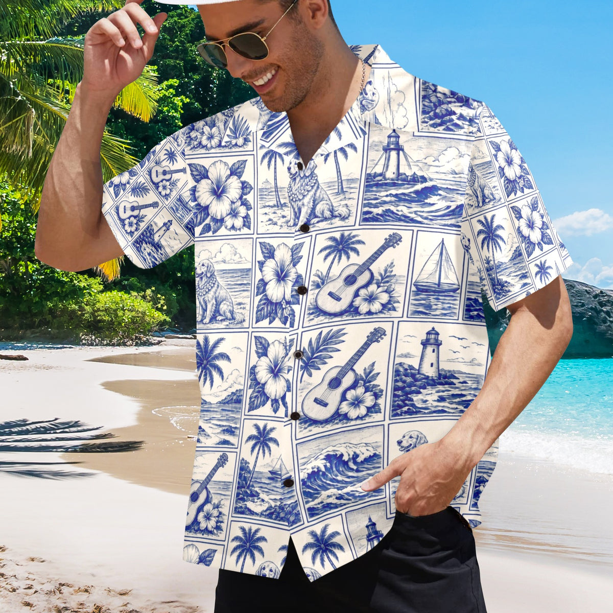 Golden Retriever Dog Style Surf Men's All Over Print Hawaiian Shirt Made In USA Ships to USA Only