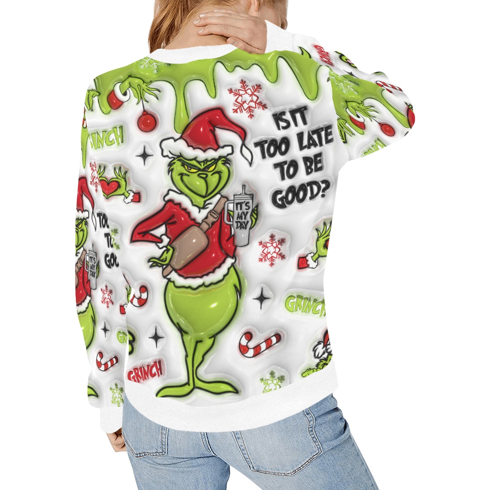 Is It Too Late To Be Good? Women's Grinchy Rib Cuff Crew Neck Sweatshirt