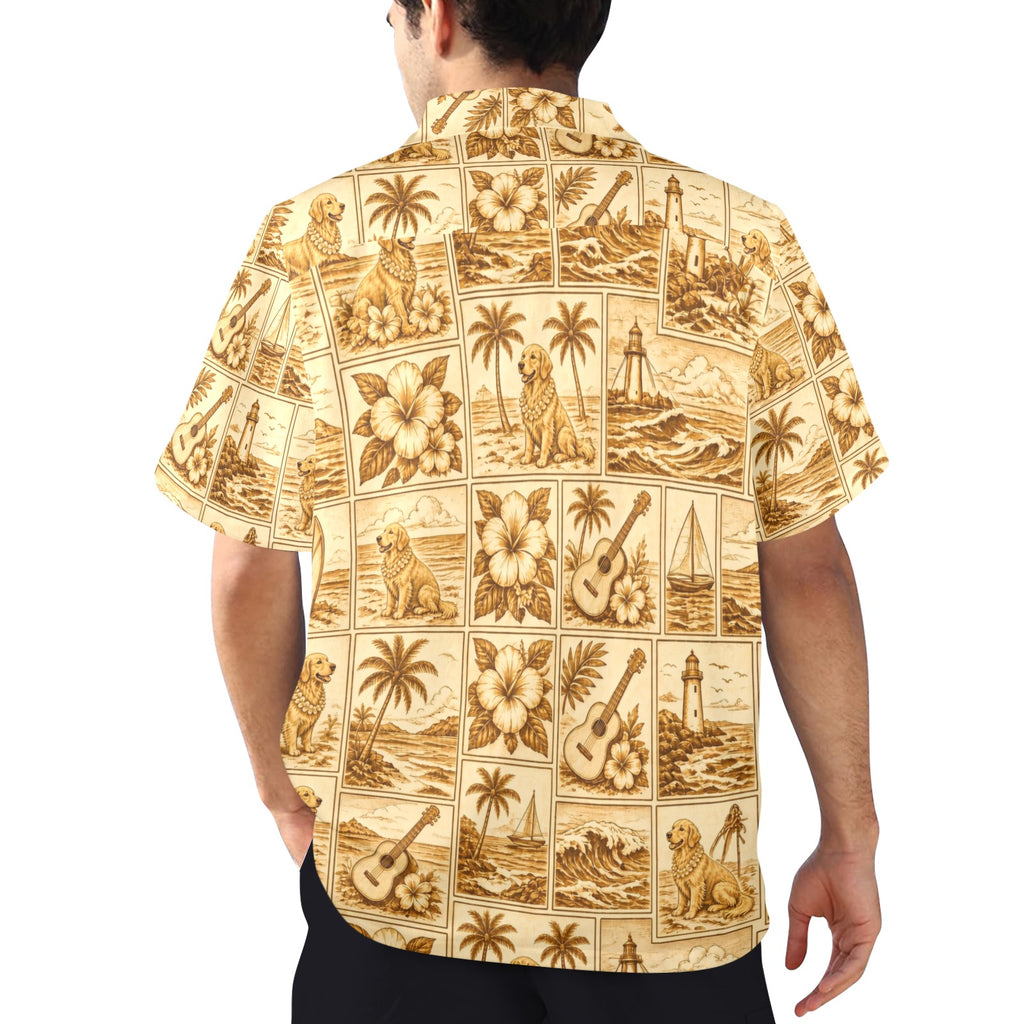 Golden Retriever Dog Style Surf Men's All Over Print Hawaiian Shirt Made In USA Ships to USA Only