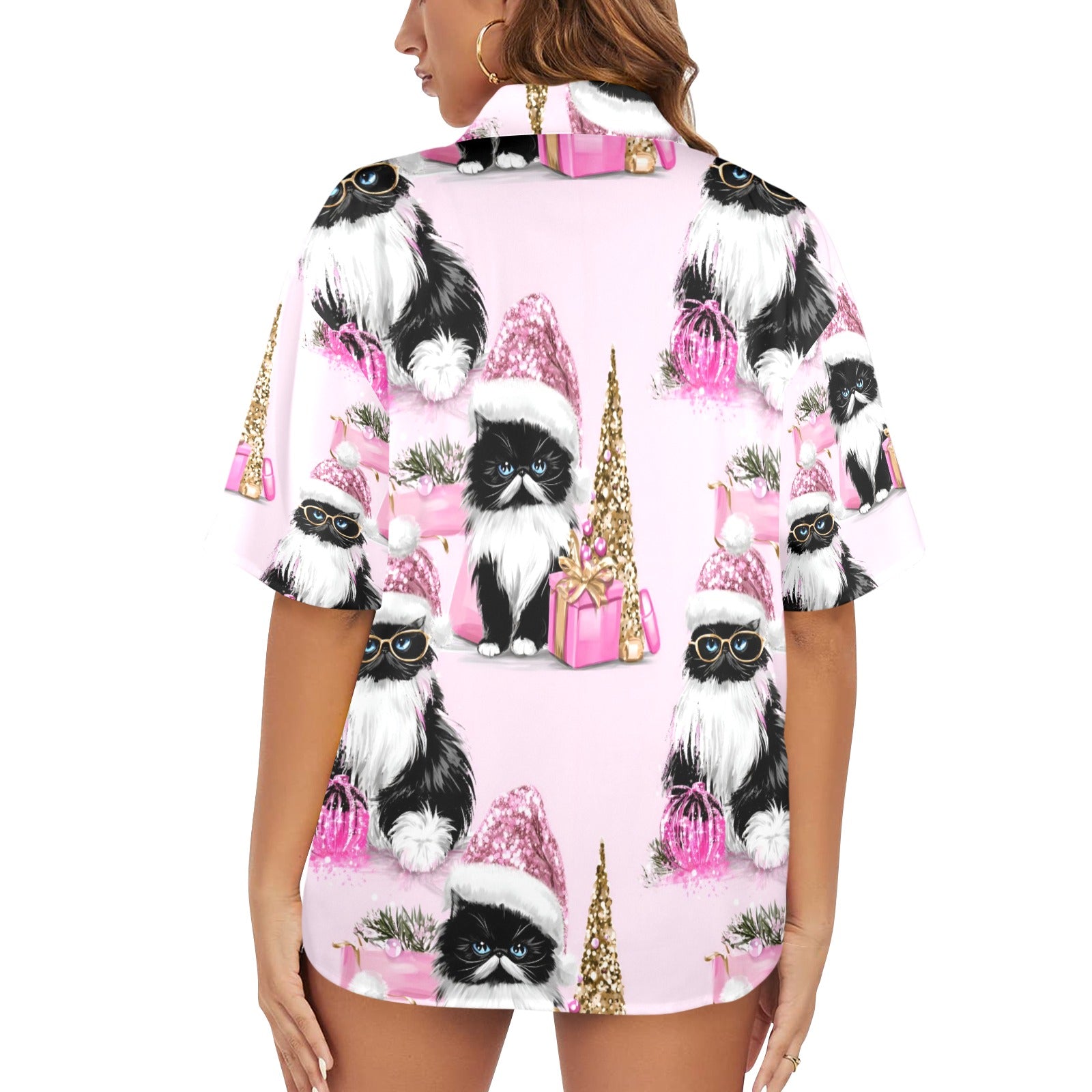 Women's All Over Print Christmas Cats Shirt Made in USA