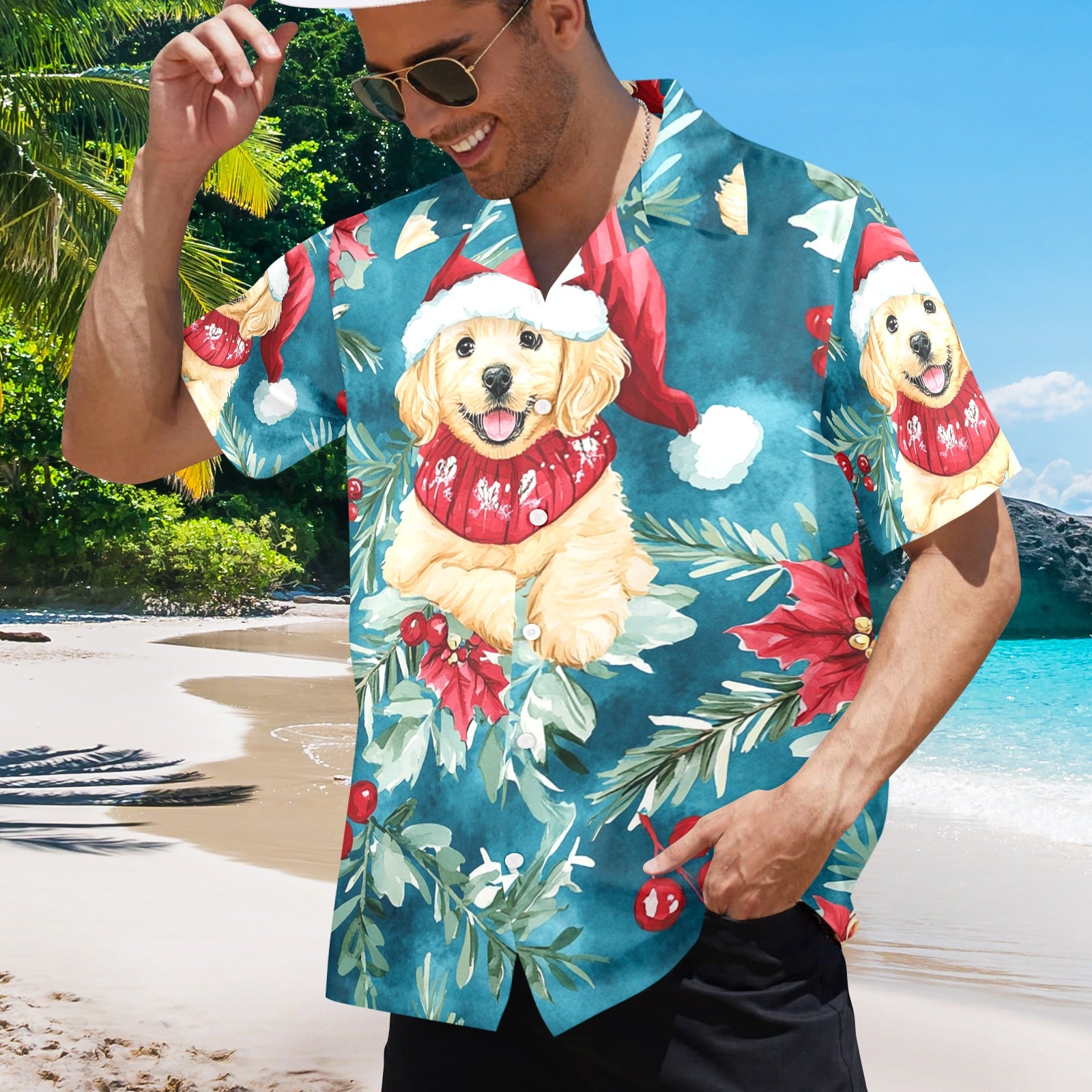 Men's All Over Print Puppy Dog Christmas Shirt Made In USA