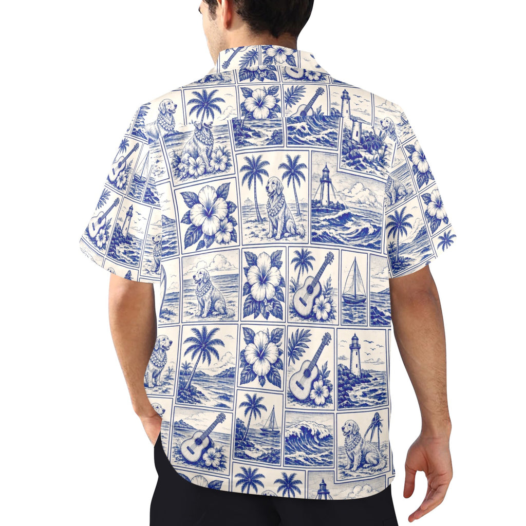 Golden Retriever Dog Style Surf Men's All Over Print Hawaiian Shirt Made In USA Ships to USA Only